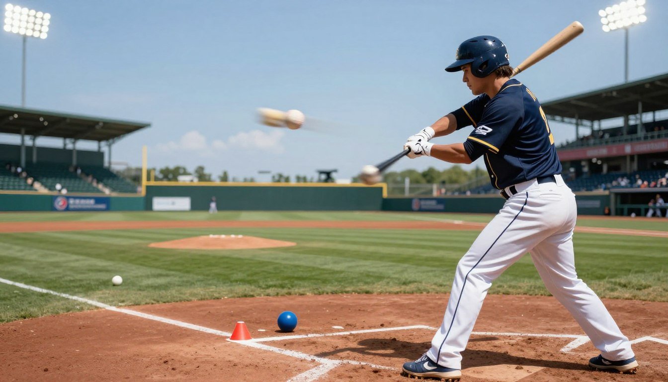 A dynamic baseball scene capturing the concept of visual training and eye focus. In the foreground, a baseball player in professional attire, intensely focused, is positioned in a batting stance. His eyes are trained on a fast-moving baseball approaching at 160 km/h, depicted as a blurred line to emphasize speed. In the middle, a training environment with equipment like reaction balls, cones, and visual drills scattered around, illustrating strategies for improving visual response. The background features a baseball diamond under bright stadium lights, creating a vibrant and energetic atmosphere. The angle is slightly low to accentuate the player’s determination, with a shallow depth of field to focus on the action. Bright, clear lighting enhances the intensity of the moment, evoking a sense of urgency and precision. A dynamic baseball scene capturing the concept of visual training and eye focus. In the foreground, a baseball player in professional attire, intensely focused, is positioned in a batting stance. His eyes are trained on a fast-moving baseball approaching at 160 km/h, depicted as a blurred line to emphasize speed. In the middle, a training environment with equipment like reaction balls, cones, and visual drills scattered around, illustrating strategies for improving visual response. The background features a baseball diamond under bright stadium lights, creating a vibrant and energetic atmosphere. The angle is slightly low to accentuate the player’s determination, with a shallow depth of field to focus on the action. Bright, clear lighting enhances the intensity of the moment, evoking a sense of urgency and precision.