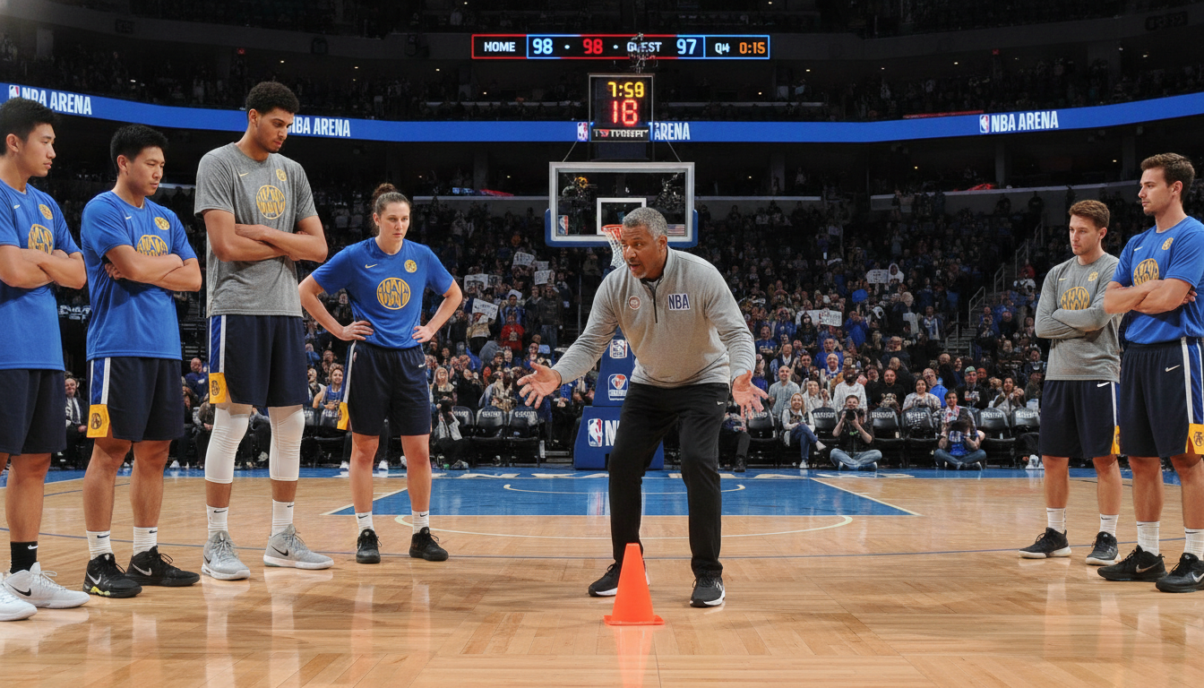 A dynamic basketball scene focused on a coach explaining the NBA's three-second rule to a diverse group of players on the court. In the foreground, the coach, a middle-aged Black man in a professional sports outfit, gestures animatedly while players, including a tall Hispanic man and a shorter white woman, listen attentively, wearing their team jerseys. The middle ground features a digital scoreboard showing a close game, while excited fans are visible in the blurred background, giving a sense of the vibrancy of an NBA game. The lighting is bright and focused, highlighting the players and coach, with dramatic shadows on the hardwood floor. The mood is intense yet educational, capturing the essence of teamwork and strategy in basketball.