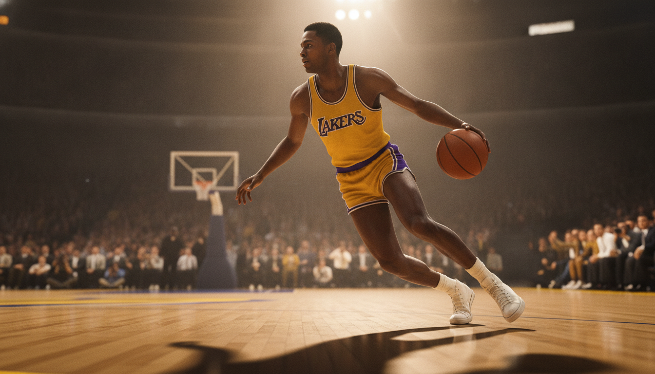 A dynamic figure resembling the silhouette from the iconic NBA logo, depicted in mid-action dribbling a basketball. The player is positioned confidently in the foreground, wearing a classic Los Angeles Lakers uniform from the early 1960s, complete with vintage-style detailing and the team's purple and gold colors. The background features a soft-focus basketball court setting, with subtle hints of cheering fans and arena lights illuminating the scene, creating a nostalgic atmosphere. The lighting is bright but warm, evoking excitement and energy typical of a professional basketball game. The image showcases a low angle perspective, emphasizing the player's powerful movement while maintaining a professional demeanor. The overall mood is one of determination and athleticism, perfect for capturing a pivotal moment in basketball history.