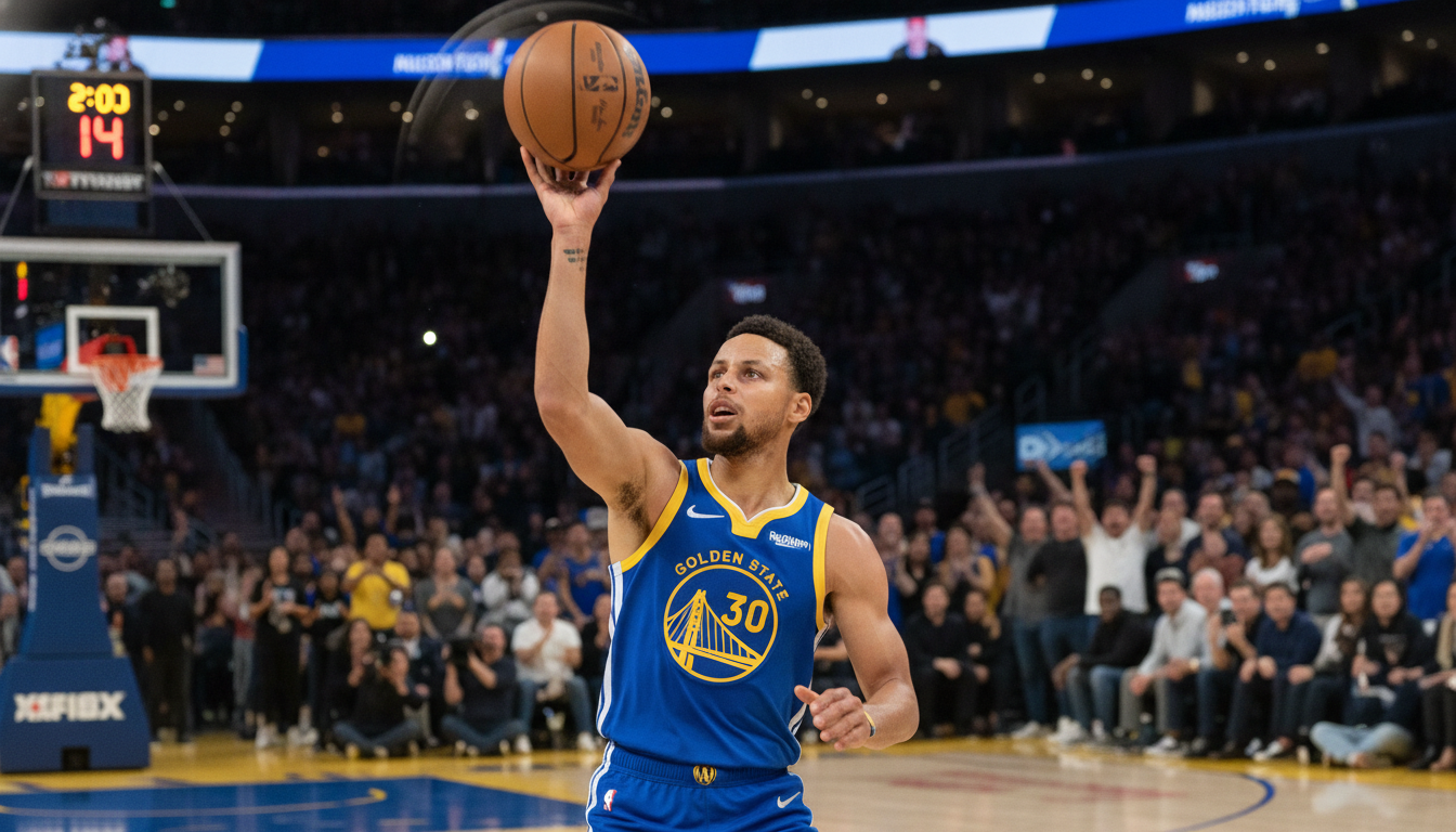 A dynamic scene capturing Stephen Curry in mid-shot, showcasing his iconic shooting technique on a vibrant basketball court. In the foreground, Curry is in a focused stance, dressed in a modern Golden State Warriors jersey with intense concentration visible on his face. The ball, poised delicately above his head, illustrates the perfect arc as it heads towards the hoop. In the middle ground, spectators are captivated, emphasizing the game's energy, while the background features a well-lit arena filled with soft, glowing lights. Use a low-angle perspective to enhance the drama and emphasize the trajectory of the ball against a blurred background, creating a sense of movement and excitement, encapsulating the mood of precision and athleticism.