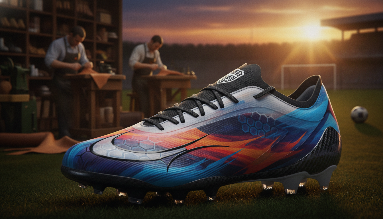 A dynamic soccer shoe design, showcasing innovative materials like carbon fiber, prominently displayed in the foreground. The shoe has a sleek, futuristic look featuring intricate patterns and vivid colors, emphasizing the blend of tradition and cutting-edge technology. In the middle ground, a blurred image of a legendary soccer manufacturer’s workshop with craftsmen in professional attire, carefully assembling soccer shoes, represents the rich heritage of the sport. The background includes a soccer field at sunset, with warm lighting casting a golden hue over the scene, creating an atmosphere of passion and dedication. The overall mood is one of excitement and reverence for both tradition and modernity in soccer footwear innovation.