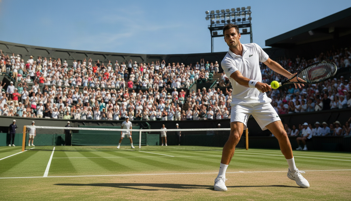 A dynamic tennis scene capturing the intensity of a super tie-break match. In the foreground, a focused male tennis player, dressed in a professional sports outfit, prepares to serve, his posture showcasing concentration and athleticism. The middle of the image features an enthusiastic crowd of diverse spectators, their expressions a mix of excitement and anticipation, with some raising their arms in encouragement. In the background, a well-lit tennis court displays vibrant green turf, with a clear blue sky overhead, reflecting a bright sunny day. The angle is slightly elevated, allowing a comprehensive view of the action unfolding, emphasizing the competitive atmosphere and the decisive nature of the super tie-break. The overall mood is electric, suggesting the thrill of a close match on the brink of conclusion.