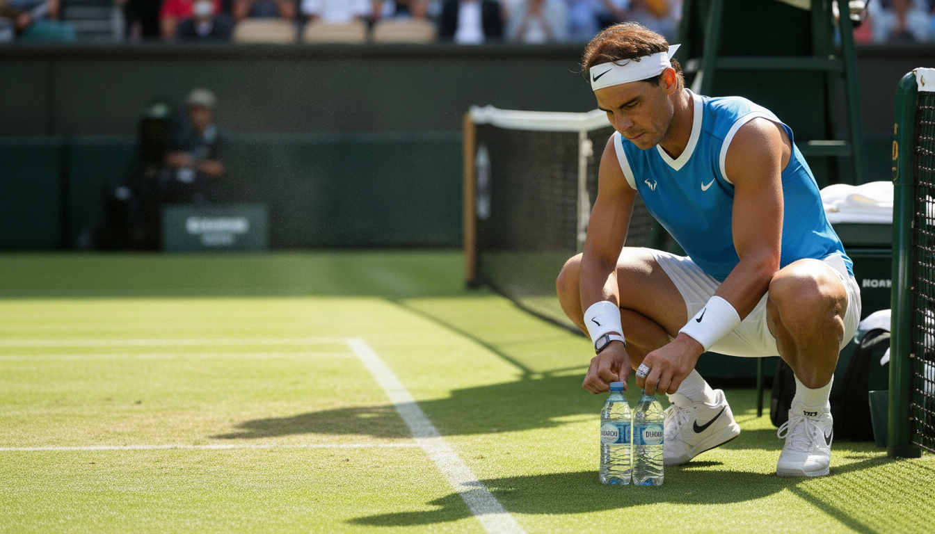 A focused depiction of Rafael Nadal on a tennis court, showcasing his unique rituals and tics. In the foreground, Nadal is meticulously aligning his water bottles, which are positioned symmetrically by the net. His expression reveals deep concentration as he adjusts the bottles, dressed in his signature athletic wear. In the middle ground, the court is well-maintained, with vivid green grass and bright white lines, capturing the intense atmosphere of a match. The audience can be seen blurred in the background, emphasizing Nadal’s focus. The lighting is bright and natural, typical of a day match, creating sharp contrasts and vibrant colors that highlight the scene's energy. The overall mood conveys a sense of meticulousness and psychological preparation, reflecting the significance of his rituals.