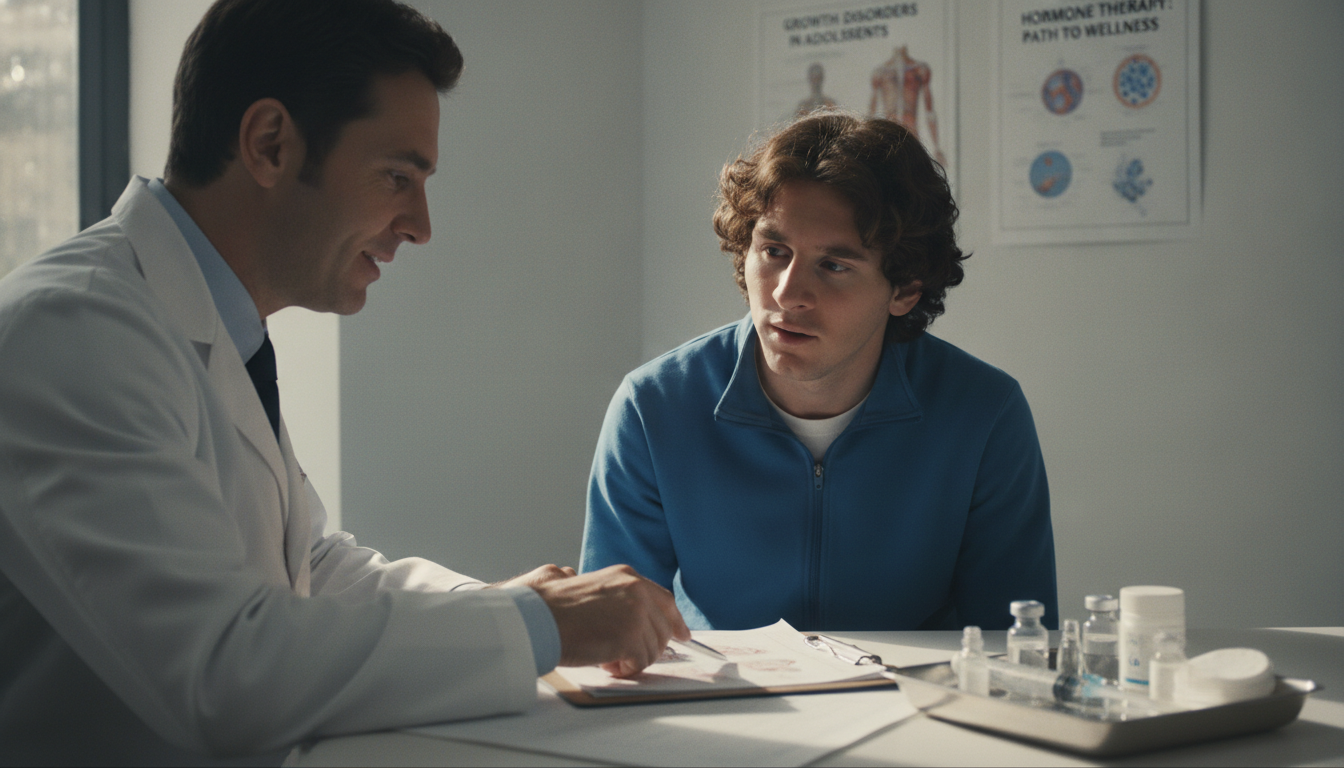 A focused medical consultation scene featuring a young soccer player, resembling Lionel Messi, in a brightly lit clinic. In the foreground, a doctor in a white coat discusses a medical chart with the player, who appears concerned yet hopeful. The middle ground showcases various medical equipment, including syringes and vials, symbolizing hormonal treatment. The background reveals a wall with medical posters about growth disorders and hormone therapies. The atmosphere is professional and supportive, with soft, natural light illuminating the scene, creating a calm and reassuring environment. The lens captures a close-up angle that emphasizes the expressions and emotions of the doctor and the player, fostering a sense of connection and understanding between them.