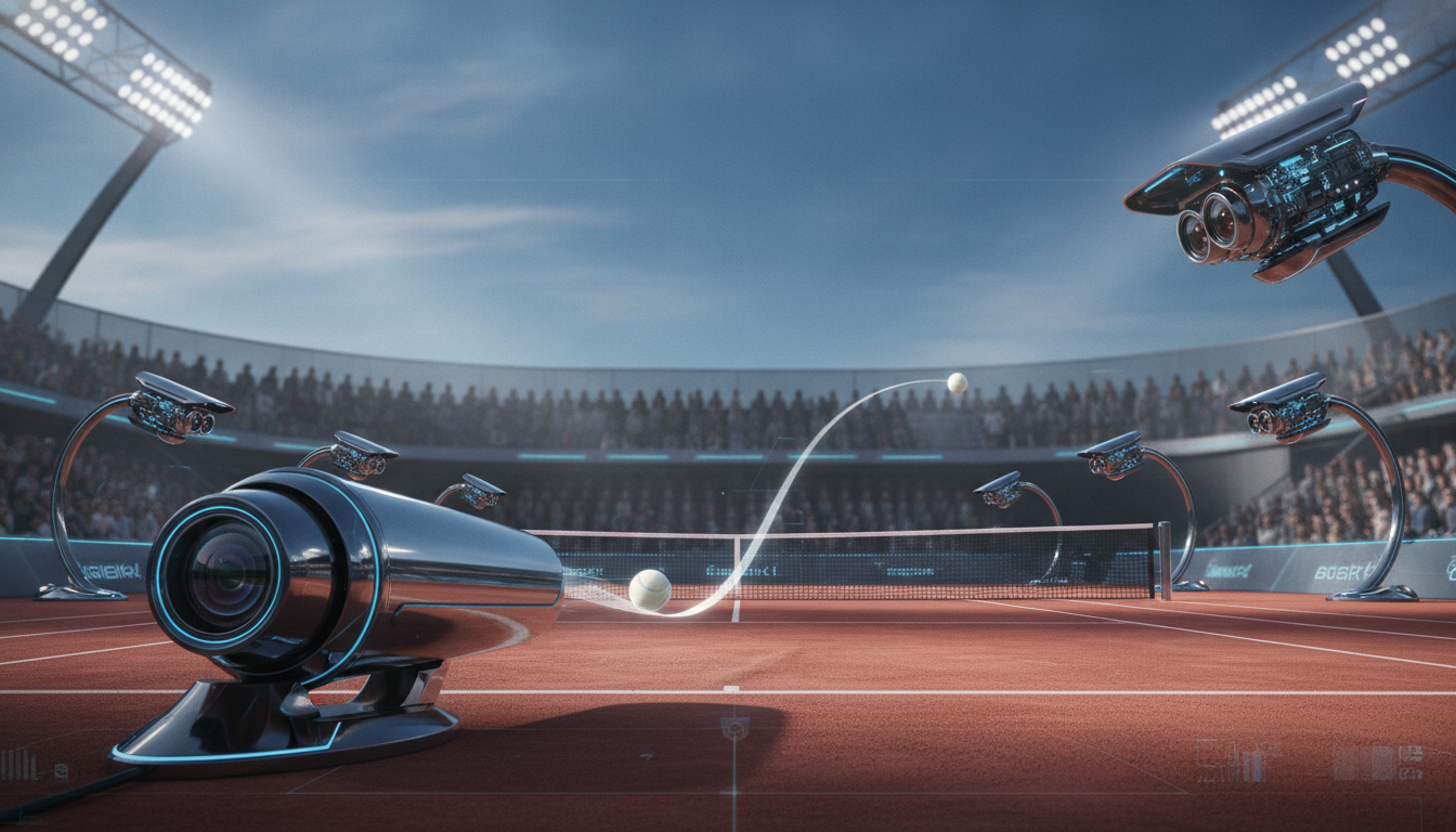 A futuristic and detailed view of a tennis court equipped with advanced Hawk-Eye technology. In the foreground, a high-speed camera positioned close to the net captures a tennis ball in motion, showcasing its trajectory. The middle section features multiple high-speed cameras mounted around the court, with clear visibility of their intricate designs, including lens details and sensor panels. In the background, a blurred audience watches intently, enhancing the competitive atmosphere. Bright stadium lights illuminate the scene, casting sharp shadows on the court, while a clear blue sky adds depth. The mood is dynamic and tense, reflecting the precision and technological innovation behind the Hawk-Eye system.