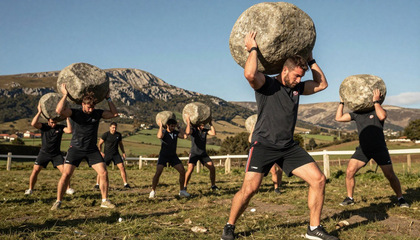 A group of strong, focused athletes engaged in "harrijasotzaile" training in an outdoor setting, showcasing their techniques for lifting heavy stones. In the foreground, a muscular male athlete in professional workout gear is shown in mid-lift, concentrating intensely as he hoists a massive stone weighing approximately 300 kilos. In the middle ground, other participants are practicing various techniques, some using proper stances and grips, while others observe closely. The background features a picturesque Basque landscape with rugged hills and a clear blue sky, creating a natural arena for this ancient sport. The scene is illuminated by warm, natural sunlight, casting dynamic shadows that emphasize the athletes' muscles and determination. The atmosphere is one of rivalry and camaraderie, reflecting both the brutality and the beauty of this traditional Basque sport.
