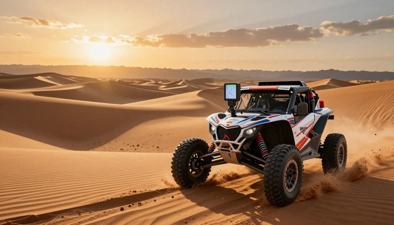 A high-tech rally vehicle navigating through challenging sand dunes, showcasing advanced navigation technology with an emphasis on GPS and sensor systems on its dashboard. In the foreground, a rugged, modified 4x4 vehicle splashes through loose sand, accentuated by detailed tire treads and suspension systems designed for extreme terrain. The middle ground features a dynamic landscape of sweeping dunes under a vivid sunset sky, with rays of light casting dramatic shadows. In the background, a distant mountain range adds depth to the scene. The atmosphere is intense and adventurous, capturing the essence of the Dakar Rally's relentless spirit. The image should be illuminated with warm, golden light, emphasizing the details on the vehicle's exterior and the sweeping curves of the dunes.
