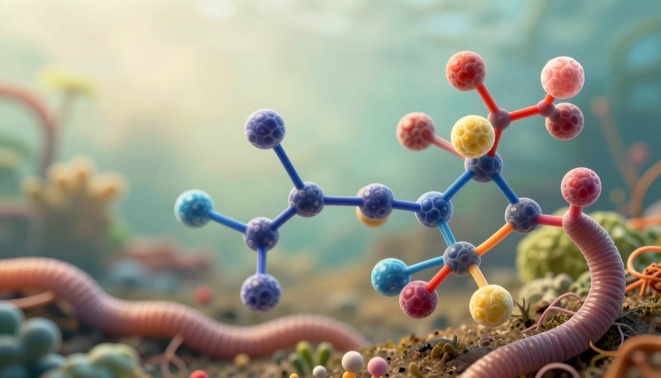 A highly detailed molecular structure of M101 hemoglobin from a worm, portrayed in a scientific yet visually engaging style. In the foreground, focus on the intricate arrangement of the hemoglobin molecule, showcasing its colorful chains and heme groups, resembling vibrant spheres and strands. In the middle ground, softly blurred representations of a lush, earthy environment with hints of soil and roots hint at the worm's natural habitat. The background should be a light gradient, evoking a sense of openness and freshness, with soft natural lighting illuminating the molecule to accentuate its features. The composition should create a mood of curiosity and wonder, inviting viewers to explore the relationship between the molecule and worm charming. Use a macro lens perspective for detail, ensuring clarity and precision of the molecular structures without any text or overlays. A highly detailed molecular structure of M101 hemoglobin from a worm, portrayed in a scientific yet visually engaging style. In the foreground, focus on the intricate arrangement of the hemoglobin molecule, showcasing its colorful chains and heme groups, resembling vibrant spheres and strands. In the middle ground, softly blurred representations of a lush, earthy environment with hints of soil and roots hint at the worm's natural habitat. The background should be a light gradient, evoking a sense of openness and freshness, with soft natural lighting illuminating the molecule to accentuate its features. The composition should create a mood of curiosity and wonder, inviting viewers to explore the relationship between the molecule and worm charming. Use a macro lens perspective for detail, ensuring clarity and precision of the molecular structures without any text or overlays.