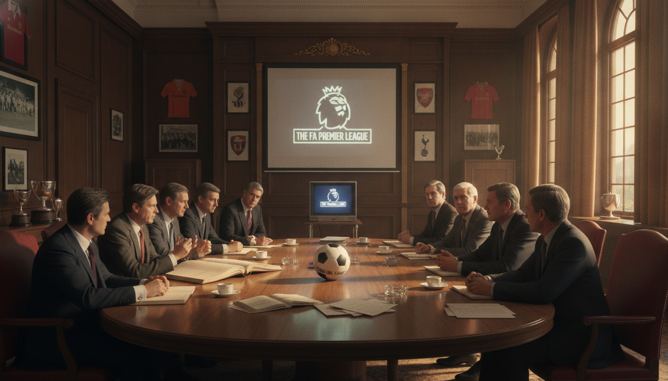 A historic boardroom scene illustrating the creation of the Premier League in 1992. In the foreground, a diverse group of well-dressed football club executives engage in passionate discussion around a polished conference table, with documents and a football prominently displayed. The middle features a large wall-mounted screen showcasing early Premier League branding and images of famous clubs. The background shows an elegant room with vintage football memorabilia and large windows allowing natural light to filter through, casting soft shadows. The atmosphere is tense yet hopeful, reflecting the rebellious spirit of the clubs as they strategize for their future. Use a warm color palette to evoke nostalgia and motivation, captured from a slightly elevated angle to emphasize the significance of the moment. A historic boardroom scene illustrating the creation of the Premier League in 1992. In the foreground, a diverse group of well-dressed football club executives engage in passionate discussion around a polished conference table, with documents and a football prominently displayed. The middle features a large wall-mounted screen showcasing early Premier League branding and images of famous clubs. The background shows an elegant room with vintage football memorabilia and large windows allowing natural light to filter through, casting soft shadows. The atmosphere is tense yet hopeful, reflecting the rebellious spirit of the clubs as they strategize for their future. Use a warm color palette to evoke nostalgia and motivation, captured from a slightly elevated angle to emphasize the significance of the moment.