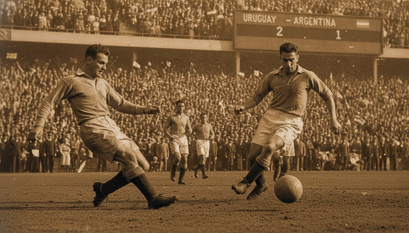 A historic soccer match scene set in 1930, depicting the intense semifinal clash of the first World Cup. In the foreground, players in vintage soccer clothing, scruffy but focused, engage in a pivotal play, showcasing determination and athleticism. The middle ground features a packed stadium filled with enthusiastic fans, waving flags and dressed in period-appropriate attire, evoking the excitement of the era. The background displays a classic scoreboard, hinting at the tension of the match. The lighting is warm and nostalgic, reminiscent of old photographs, with soft shadows highlighting the players’ expressions. The atmosphere is electrifying, capturing the significance of this moment in soccer history, with a cinematic angle that draws the viewer into the action.