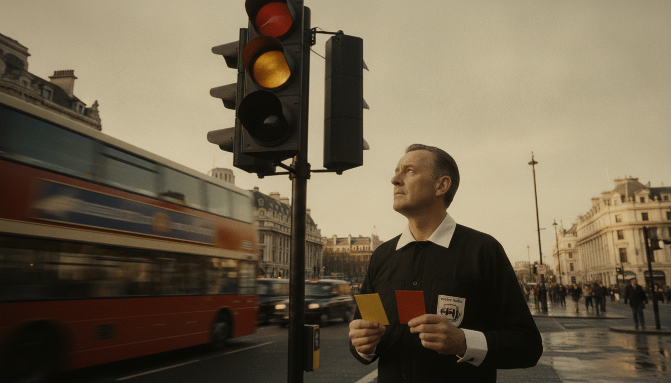A historical scene depicting Ken Aston, the iconic referee known for creating the yellow and red card system, standing thoughtfully next to a classic London traffic signal. The foreground features Aston in a crisp referee uniform, holding a yellow card in one hand and a red card in the other, with an expression of inspiration. The middle layer shows the vibrant traffic light with its distinct red, yellow, and green lights shining brightly, symbolizing his innovative ideas. The background includes blurred outlines of a busy London street, creating a sense of motion and energy. The lighting is warm, suggesting a late afternoon, enhancing the nostalgic and thoughtful atmosphere of the moment. The image is shot in a slightly low angle, allowing the traffic signal to loom large, emphasizing its significance.
