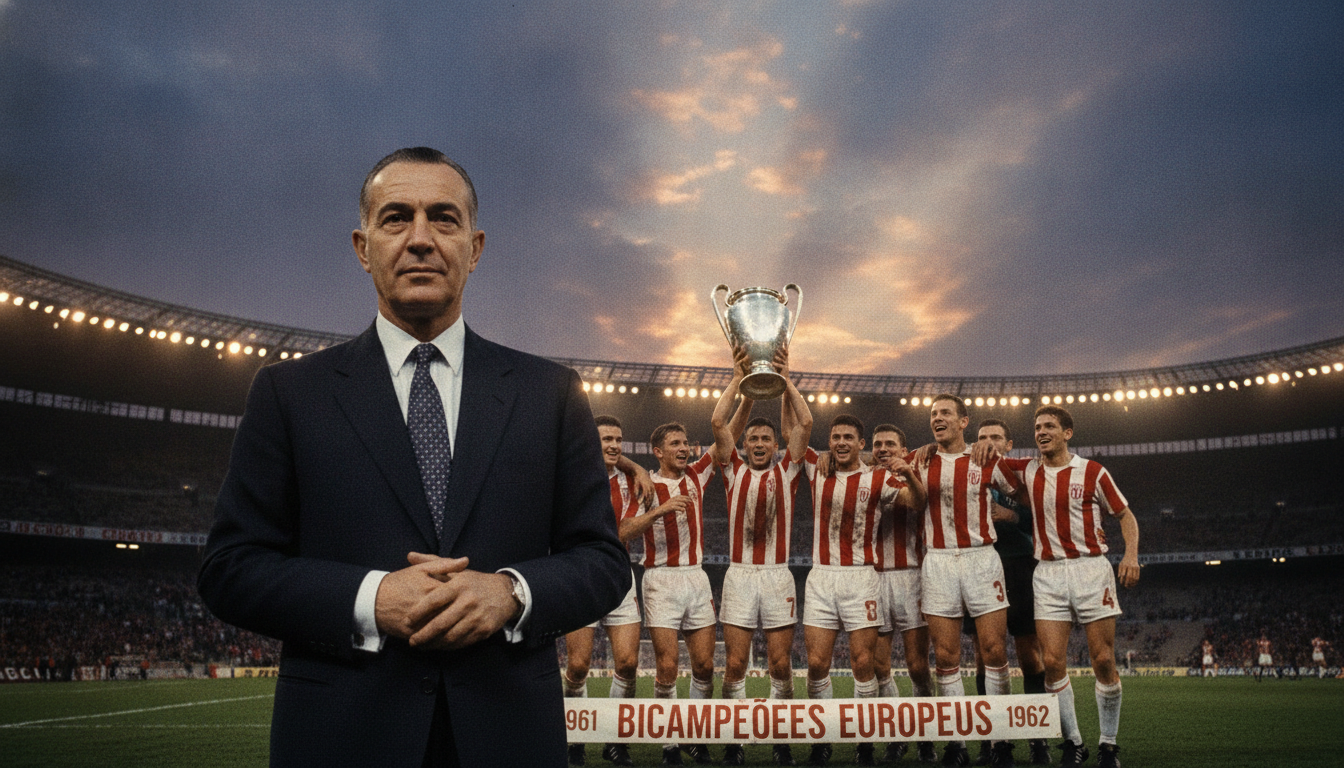 A legendary coach, Béla Guttmann, stands proudly at the forefront, donning a classic suit and tie, symbolizing his revolutionary impact on Benfica. In the middle ground, players in vintage Benfica uniforms are celebrating a glorious European victory, with an intense look of determination and camaraderie. The background features the iconic Estádio da Luz, illuminated by warm golden lights, creating a nostalgic atmosphere reminiscent of the 1960s. A dramatic sky transitions from dusk to twilight, enhancing the mood of triumph and legacy. The overall composition is framed with a slightly angled perspective, capturing the essence of both Guttmann’s strategic brilliance and the shared passion of the club’s supporters, with vibrant colors that evoke a sense of history and hope for the future. A legendary coach, Béla Guttmann, stands proudly at the forefront, donning a classic suit and tie, symbolizing his revolutionary impact on Benfica. In the middle ground, players in vintage Benfica uniforms are celebrating a glorious European victory, with an intense look of determination and camaraderie. The background features the iconic Estádio da Luz, illuminated by warm golden lights, creating a nostalgic atmosphere reminiscent of the 1960s. A dramatic sky transitions from dusk to twilight, enhancing the mood of triumph and legacy. The overall composition is framed with a slightly angled perspective, capturing the essence of both Guttmann’s strategic brilliance and the shared passion of the club’s supporters, with vibrant colors that evoke a sense of history and hope for the future.