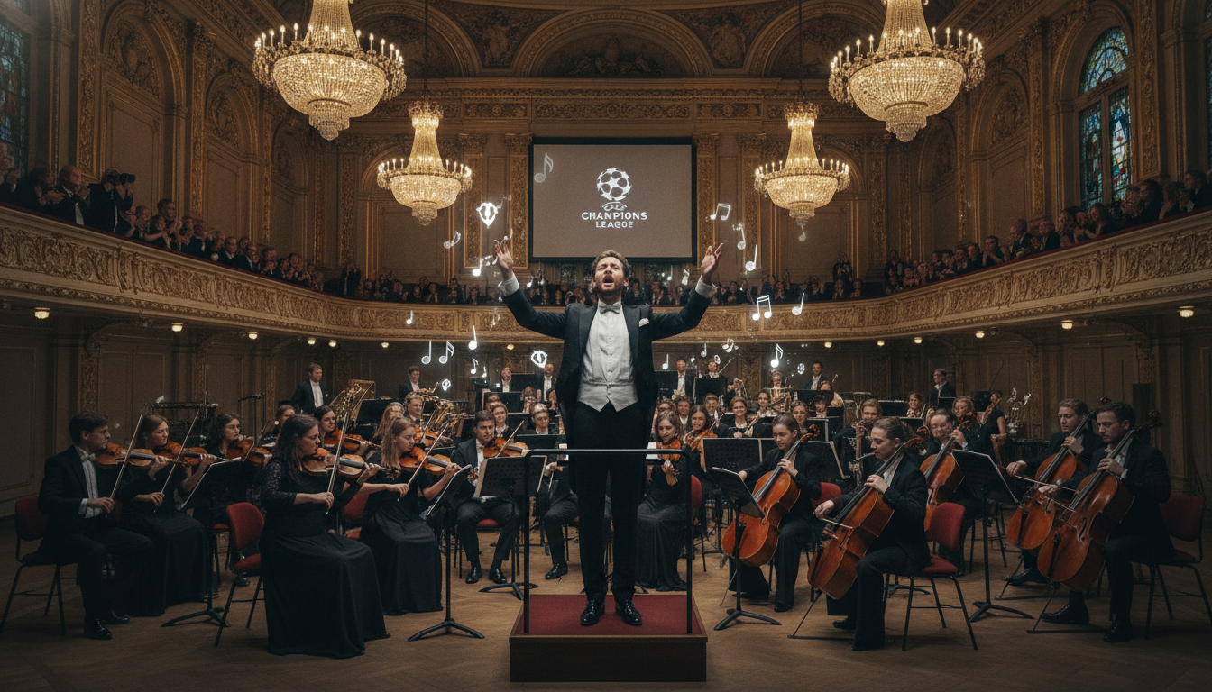 A majestic and evocative concert hall filled with an orchestra, performing the iconic UEFA Champions League anthem. In the foreground, a conductor passionately leads the musicians, wearing a formal tuxedo. Musical notes float elegantly in the air, symbolizing the classical influences behind the anthem. The middle ground showcases the orchestra members, each concentrating on their instruments, dressed in classic concert attire. In the background, large ornate chandeliers cast a warm golden light over the scene, enhancing the atmosphere of grandeur and celebration. The overall mood is one of reverence and excitement, capturing the spirit of prestigious European football. The image is shot using a wide-angle lens to encapsulate the grandeur of the hall and the performance, with soft focus on the background for depth.