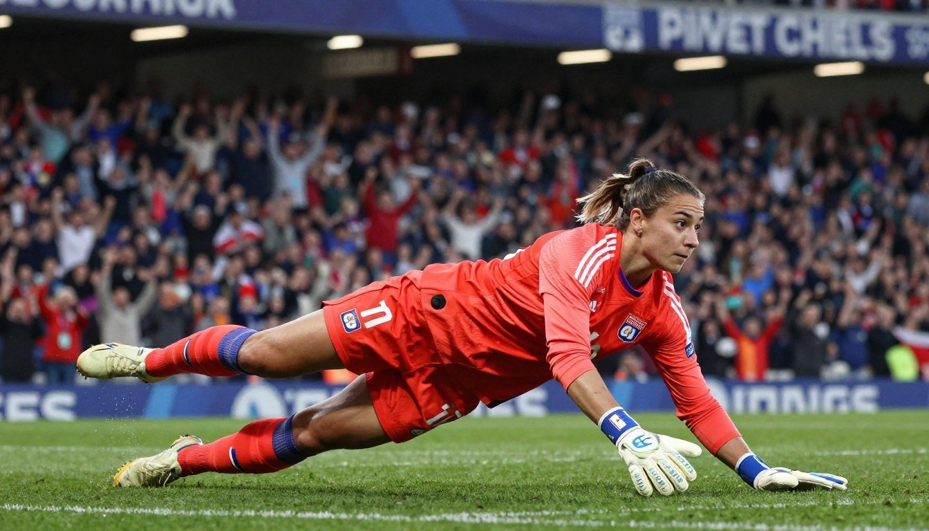 A powerful and poised athlete, Christiane Endler, the Chilean goalkeeper for Olympique Lyon, is captured in dynamic action. She is wearing a vibrant team uniform, including her iconic number, showcasing her athletic build and strong presence. In the foreground, she is diving to make a dramatic save, her focused expression highlighting her determination and skill. The background features a blurred stadium, filled with cheering fans under bright floodlights, creating a lively and energetic atmosphere. The lighting emphasizes her figure, casting a slight shadow for depth. The shot is taken from a low angle, accentuating her athleticism and the intensity of the match. The overall mood is one of triumph and celebration, reflecting her recent achievements in international soccer. A powerful and poised athlete, Christiane Endler, the Chilean goalkeeper for Olympique Lyon, is captured in dynamic action. She is wearing a vibrant team uniform, including her iconic number, showcasing her athletic build and strong presence. In the foreground, she is diving to make a dramatic save, her focused expression highlighting her determination and skill. The background features a blurred stadium, filled with cheering fans under bright floodlights, creating a lively and energetic atmosphere. The lighting emphasizes her figure, casting a slight shadow for depth. The shot is taken from a low angle, accentuating her athleticism and the intensity of the match. The overall mood is one of triumph and celebration, reflecting her recent achievements in international soccer.