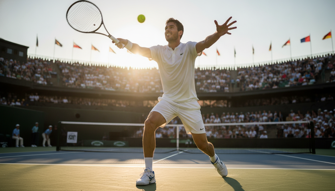A professional male tennis player in action, dynamically executing a powerful serve on a bright outdoor court. The player, dressed in a crisp white sports uniform, displays intense concentration and athleticism as he prepares to strike the ball, his racket poised for maximum impact. Capture the moment with a low-angle shot that emphasizes his form and the energy of the motion. The background reveals a blurred tennis court with vibrant green grass and audience bleachers, adding context without distraction. Use dramatic lighting to highlight the player’s physique and the ball in motion, accentuating the speed and precision of the serve. The atmosphere is electric, evoking the thrill of competitive tennis and the physics of high-speed motion. A professional male tennis player in action, dynamically executing a powerful serve on a bright outdoor court. The player, dressed in a crisp white sports uniform, displays intense concentration and athleticism as he prepares to strike the ball, his racket poised for maximum impact. Capture the moment with a low-angle shot that emphasizes his form and the energy of the motion. The background reveals a blurred tennis court with vibrant green grass and audience bleachers, adding context without distraction. Use dramatic lighting to highlight the player’s physique and the ball in motion, accentuating the speed and precision of the serve. The atmosphere is electric, evoking the thrill of competitive tennis and the physics of high-speed motion.