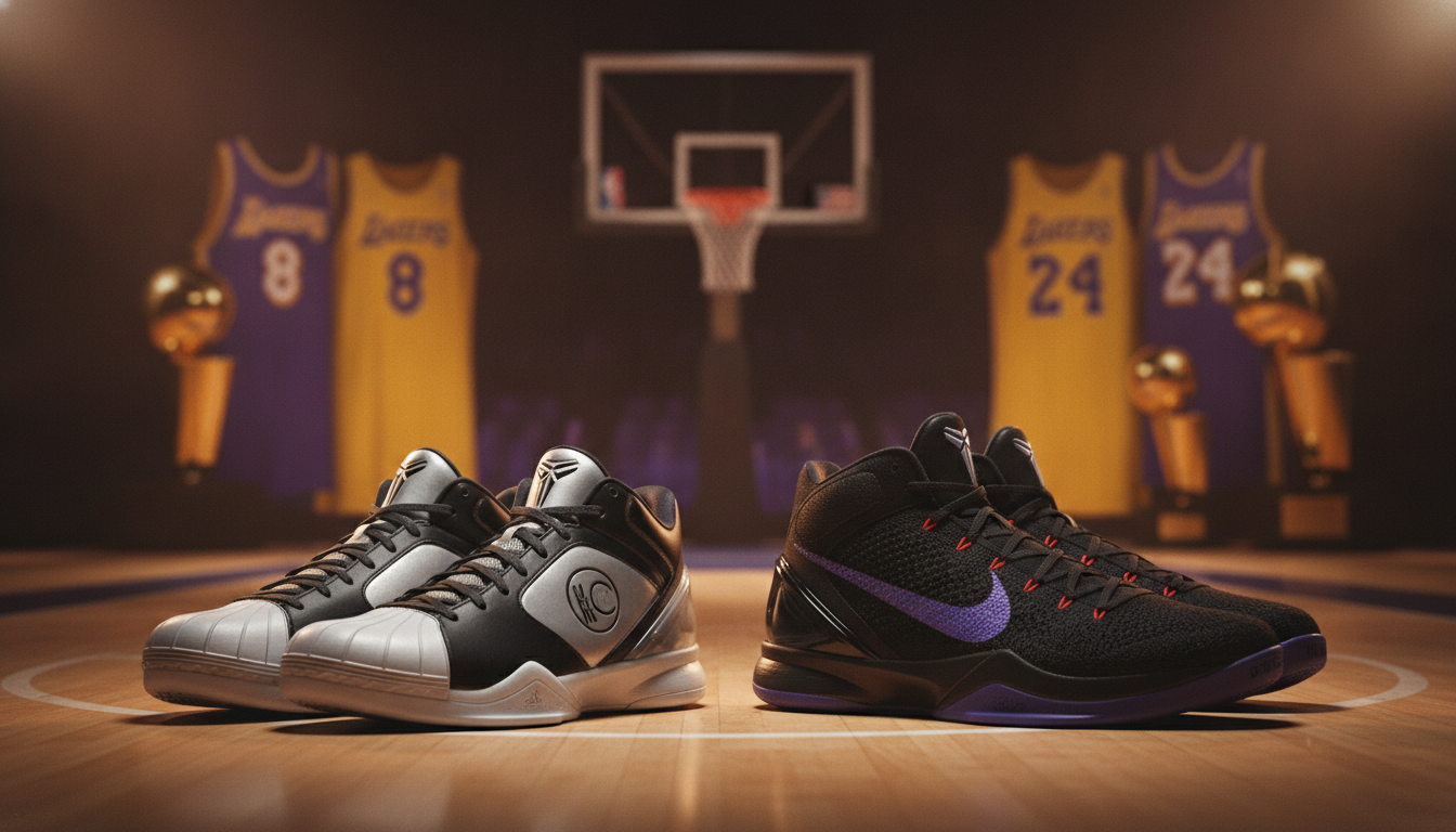 A sleek and dynamic display of Kobe Bryant's iconic basketball sneakers, showcasing the evolution from Adidas to Nike. The foreground features a pair of Kobe's ultra-lightweight shoes, angled to highlight their unique design details like the distinctive logo, innovative materials, and intricate patterns. In the middle, there is a blurred silhouette of a basketball court, evoking the atmosphere of intense practice and competition. The background includes subtle outlines of Kobe Bryant's jerseys and trophies, symbolizing his achievements and dedication. The scene is bathed in warm, dramatic lighting that casts shadows, creating a sense of depth and energy. The overall mood is inspiring and reflective of Kobe's relentless drive to perfect his craft.