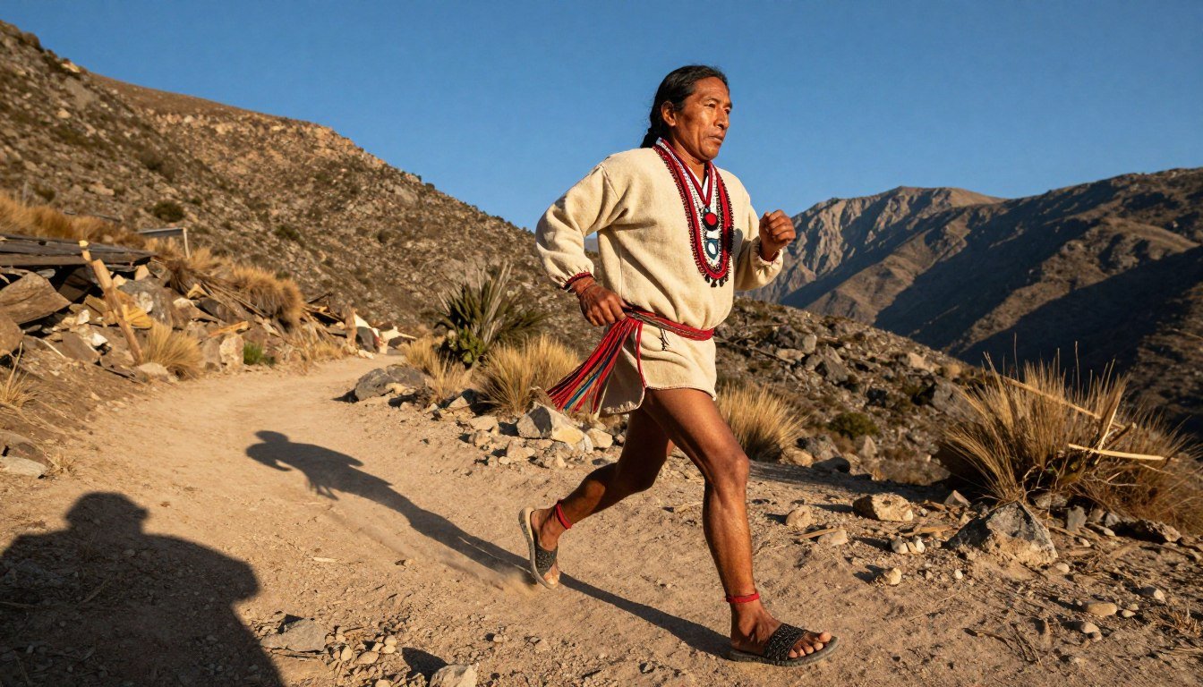 A vibrant and dynamic scene illustrating the ancestral technique of running barefoot, showcasing a Tarahumara runner in traditional attire. In the foreground, capture the runner mid-stride, feet elegantly touching the earth, with a look of determination on their face. The middle ground should feature a rugged terrain of the Sierra Madre mountains, adorned with sparse vegetation and dusty trails. In the background, a clear blue sky illuminated by golden sunlight casts long shadows, enhancing the sense of movement. The atmosphere should radiate energy and connection to nature, emphasizing the harmony between the runner and the land. Use a wide-angle lens to capture the majestic landscape and the exhilaration of this ancient practice, focusing on the textures of the earth and the traditional sandals made from tire rubber.