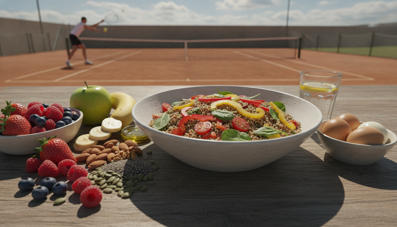 A vibrant and dynamic scene showcasing healthy foods essential to a tennis player's diet, emphasizing gluten-free options. In the foreground, a well-arranged selection of colorful fruits like berries, bananas, and apples, alongside a variety of nuts and seeds. In the middle, a bowl of quinoa and colorful vegetables such as bell peppers and spinach, artistically presented to reflect a balanced meal. The background features a tennis court bathed in soft, natural lighting, with a clear blue sky creating an invigorating atmosphere. The composition should convey energy and vitality, highlighting the synergy between healthy eating and athletic performance. Use a slightly elevated camera angle to capture all elements harmoniously without any text or distractions.