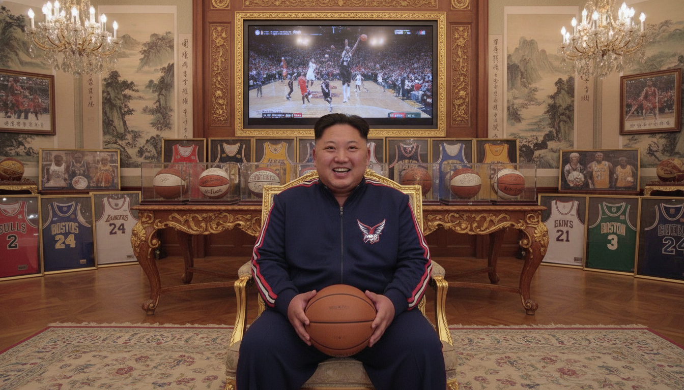 A vibrant scene depicting Kim Jong-Un sitting in a lavish North Korean palace, surrounded by NBA memorabilia. In the foreground, he wears a stylish tracksuit adorned with a basketball team's logo, joyfully holding a basketball. His expression reflects excitement and fascination. In the middle ground, a large wall-mounted screen shows highlights of famous NBA games, while a collection of signed basketballs and jerseys are displayed on a nearby table. The background features opulent decor, such as traditional Korean art combined with modern basketball posters, creating a surreal blend of cultures. Soft, dramatic lighting highlights Kim's figure, capturing an atmosphere of playful reverence towards American basketball culture. The angle is slightly elevated, showcasing this unusual juxtaposition of power and passion. A vibrant scene depicting Kim Jong-Un sitting in a lavish North Korean palace, surrounded by NBA memorabilia. In the foreground, he wears a stylish tracksuit adorned with a basketball team's logo, joyfully holding a basketball. His expression reflects excitement and fascination. In the middle ground, a large wall-mounted screen shows highlights of famous NBA games, while a collection of signed basketballs and jerseys are displayed on a nearby table. The background features opulent decor, such as traditional Korean art combined with modern basketball posters, creating a surreal blend of cultures. Soft, dramatic lighting highlights Kim's figure, capturing an atmosphere of playful reverence towards American basketball culture. The angle is slightly elevated, showcasing this unusual juxtaposition of power and passion.