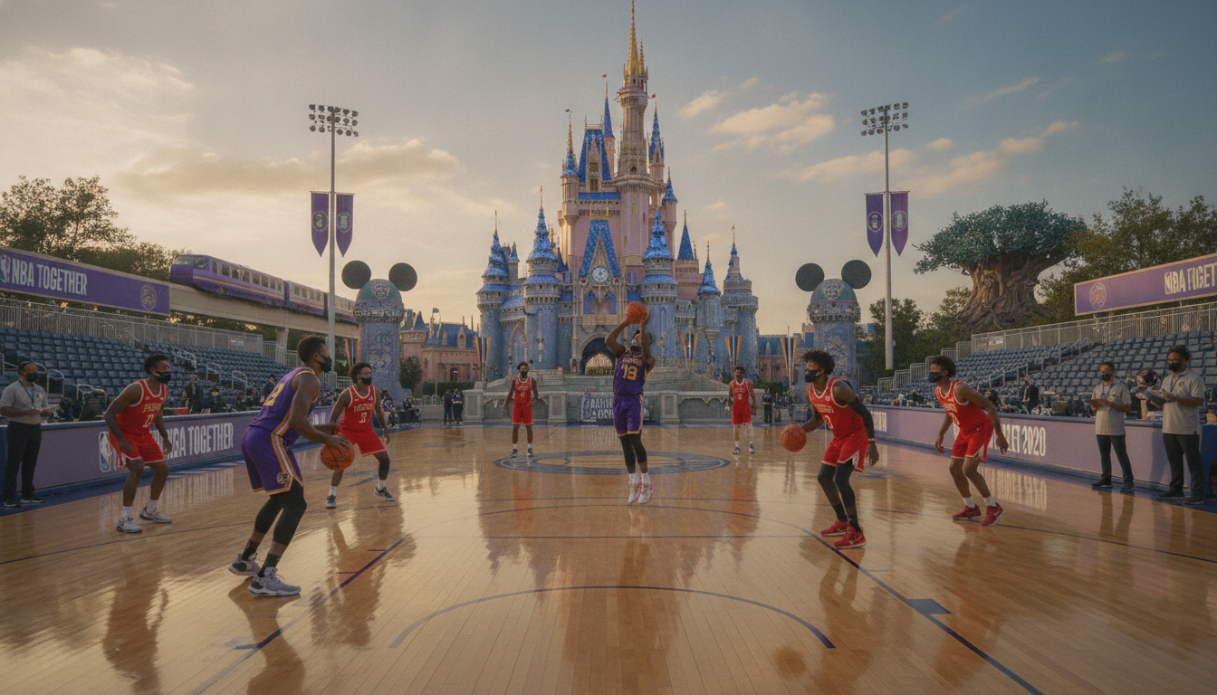 A vibrant scene showcasing the NBA bubble at Disney World during the pandemic. In the foreground, a basketball court is set up with players wearing professional jerseys, engaged in a game while maintaining social distancing. The middle ground features Disney-themed attractions, like Cinderella Castle, subtly integrated into the background. The ambiance captures a mix of excitement and safety, with staff in masks overseeing player activities. Soft afternoon sunlight casts warm hues over the scene, creating a hopeful atmosphere. Use a wide-angle lens to encompass the court and castle, ensuring the focus remains on the players while providing a sense of the larger Disney environment. The overall mood is energetic yet safe, reflecting the unique blend of sports and Disney magic during unprecedented times. A vibrant scene showcasing the NBA bubble at Disney World during the pandemic. In the foreground, a basketball court is set up with players wearing professional jerseys, engaged in a game while maintaining social distancing. The middle ground features Disney-themed attractions, like Cinderella Castle, subtly integrated into the background. The ambiance captures a mix of excitement and safety, with staff in masks overseeing player activities. Soft afternoon sunlight casts warm hues over the scene, creating a hopeful atmosphere. Use a wide-angle lens to encompass the court and castle, ensuring the focus remains on the players while providing a sense of the larger Disney environment. The overall mood is energetic yet safe, reflecting the unique blend of sports and Disney magic during unprecedented times.