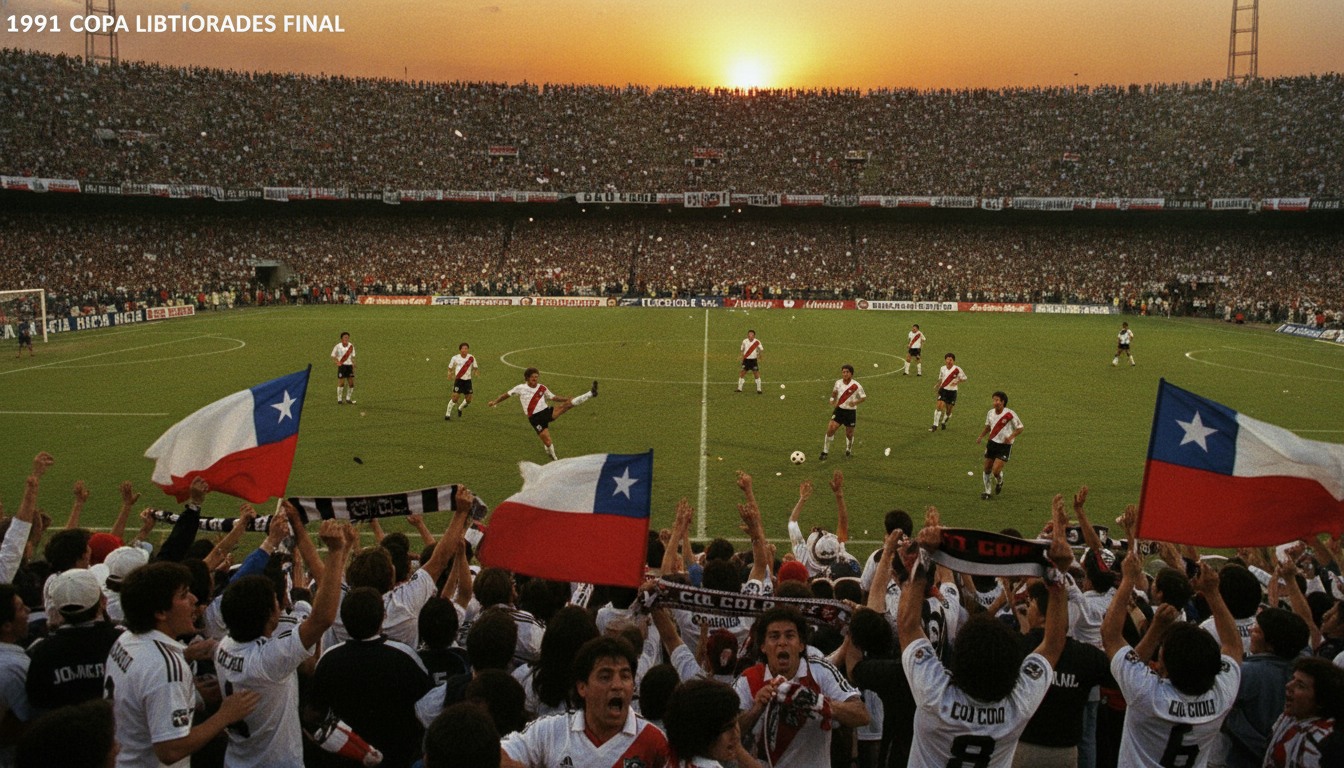 A vibrant stadium scene capturing the spirit of the 1991 Copa Libertadores final. In the foreground, enthusiastic fans wearing Colo Colo jerseys wave flags and scarves, their faces reflecting a mix of hope and excitement. The middle ground features players in dynamic action, dressed in their traditional blue and white kits, engaged in a crucial moment of the match, showcasing determination and teamwork. The background is filled with a packed stadium under a golden sunset, highlighting the excitement of the event. Soft stadium lights begin to illuminate the field, creating an intense atmosphere. The image conveys a sense of history and passion, encapsulating the triumph of a team on the verge of greatness. A vibrant stadium scene capturing the spirit of the 1991 Copa Libertadores final. In the foreground, enthusiastic fans wearing Colo Colo jerseys wave flags and scarves, their faces reflecting a mix of hope and excitement. The middle ground features players in dynamic action, dressed in their traditional blue and white kits, engaged in a crucial moment of the match, showcasing determination and teamwork. The background is filled with a packed stadium under a golden sunset, highlighting the excitement of the event. Soft stadium lights begin to illuminate the field, creating an intense atmosphere. The image conveys a sense of history and passion, encapsulating the triumph of a team on the verge of greatness.