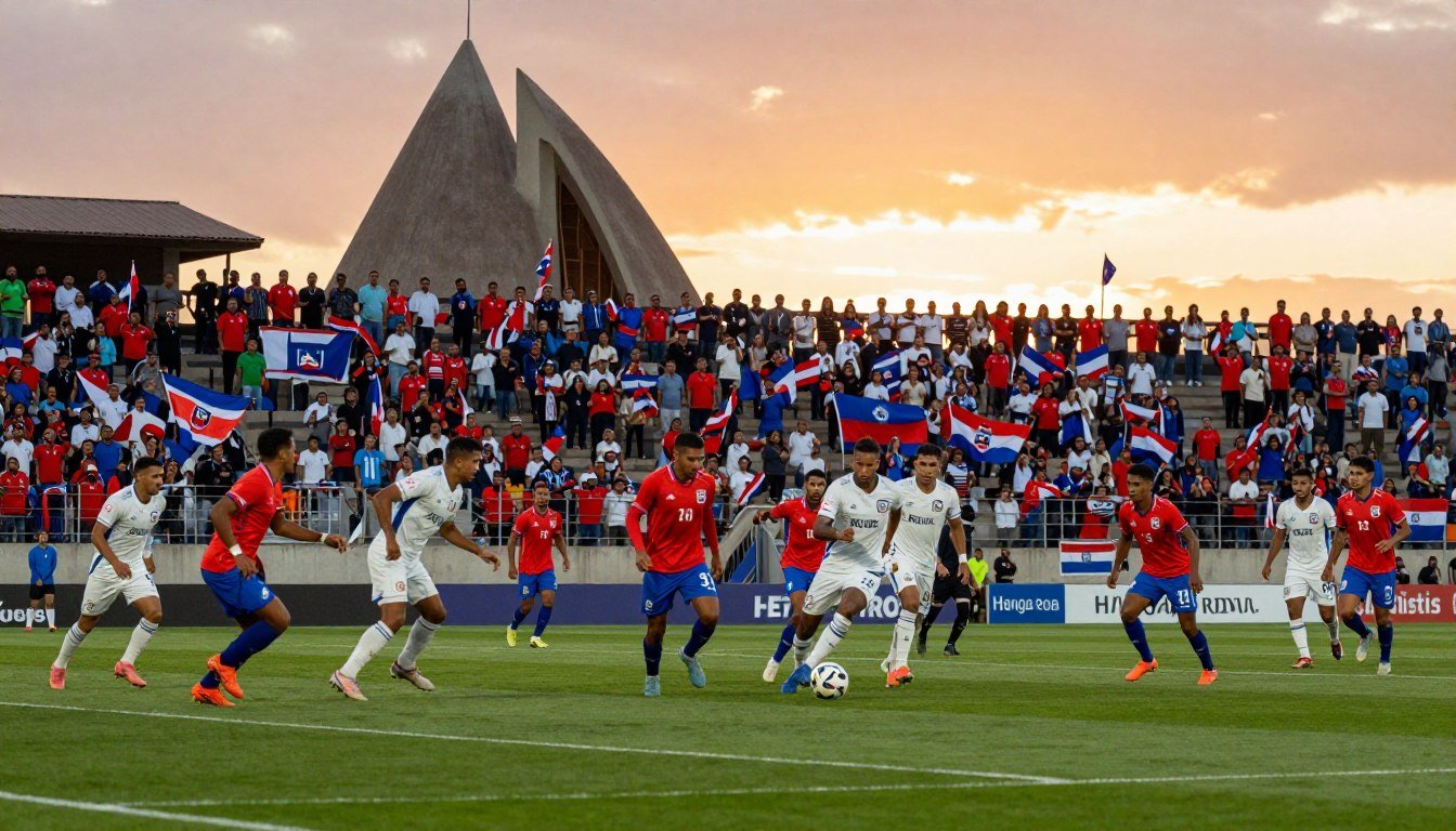 A vivid scene depicting a historic football match at Estadio Hanga Roa, where the Chilean team Colo Colo faces the Rapa Nui national selection. In the foreground, players from both teams are passionately competing for the ball, with their uniforms reflecting the vibrant colors associated with each side. The middle ground showcases an enthusiastic crowd, with fans wearing team jerseys and waving flags, filling the stands and creating a sea of color. In the background, the unique architecture of Hanga Roa is visible against a stunning sunset sky, casting warm, golden lighting over the stadium. The atmosphere is electric, reflecting the excitement and significance of this epic match, captured from a slightly angled, dynamic perspective to convey the intensity of the game.