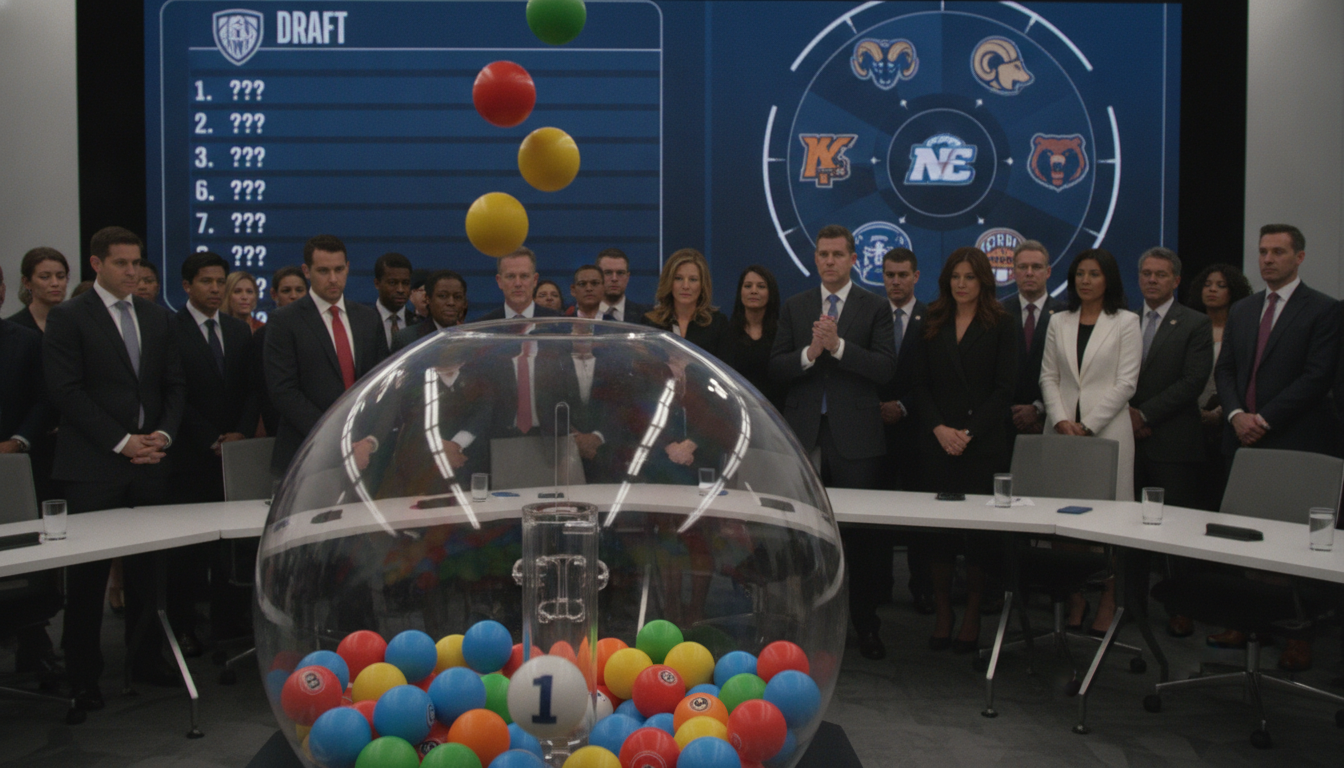 An intricate scene depicting the NBA Draft Lottery in action. In the foreground, a large glass lottery ball machine filled with vibrant, colorful ping pong balls stands prominently, with several balls suspended in mid-air as they are drawn. The middle ground features a diverse group of well-dressed professionals, including men and women in suits, intently watching the draw with expressions of anticipation and hope. In the background, a large digital display board showcases team logos and draft positions, illuminated with bright lighting to create an energetic atmosphere. The setting is a modern conference room with sleek furnishings, capturing the seriousness and excitement of the lottery process. The overall mood is tense yet hopeful, symbolizing the potential for change and opportunity in professional basketball. An intricate scene depicting the NBA Draft Lottery in action. In the foreground, a large glass lottery ball machine filled with vibrant, colorful ping pong balls stands prominently, with several balls suspended in mid-air as they are drawn. The middle ground features a diverse group of well-dressed professionals, including men and women in suits, intently watching the draw with expressions of anticipation and hope. In the background, a large digital display board showcases team logos and draft positions, illuminated with bright lighting to create an energetic atmosphere. The setting is a modern conference room with sleek furnishings, capturing the seriousness and excitement of the lottery process. The overall mood is tense yet hopeful, symbolizing the potential for change and opportunity in professional basketball.