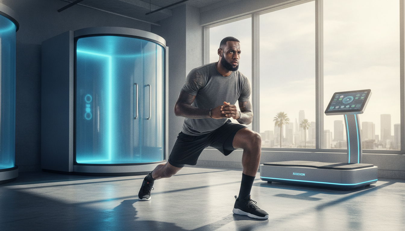 LeBron James in a modern training facility, showcasing his dedication to physical wellness. In the foreground, LeBron is engaged in a dynamic stretching exercise, wearing sleek athletic wear that reflects his commitment to fitness. His expression is focused and determined. In the middle, advanced fitness technology surrounds him, including a high-tech vibration plate and a state-of-the-art cryotherapy chamber, subtly illuminated to highlight their innovative design. In the background, large windows reveal a sunny day, providing natural light that creates a bright and energetic atmosphere. The ambient lighting emphasizes a clean and motivating environment, characteristic of a top-tier athletic training space. The overall mood conveys professionalism, inspiration, and the pursuit of peak physical performance.