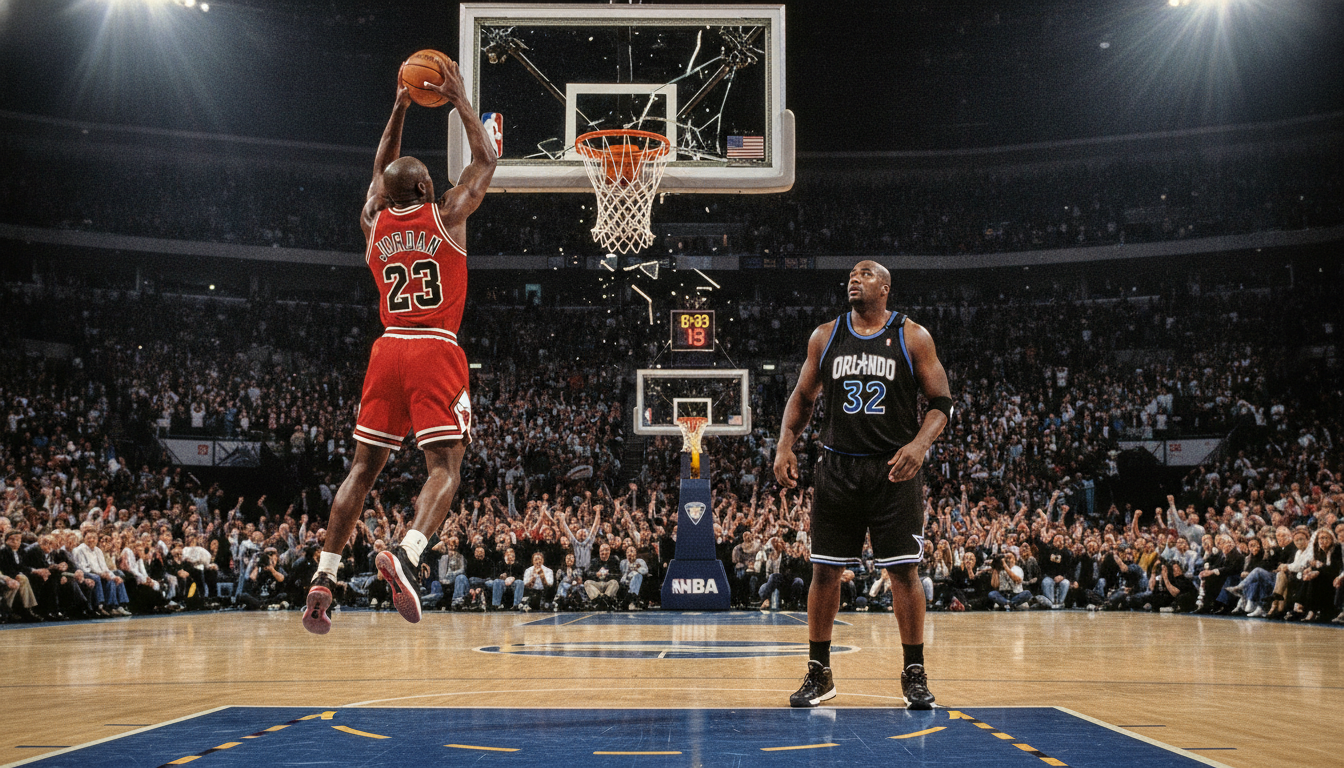Michael Jordan and Shaquille O'Neal standing side by side on a basketball court, showcasing their iconic athleticism and presence. In the foreground, focus on Jordan, wearing a classic red Chicago Bulls jersey, executing a powerful dunk in mid-air, while Shaquille O'Neal stands beside him, preparing to leap with a massive frame in a black Orlando Magic jersey. The broken basketball hoop is visible in the middle ground, with shattered glass and bent metal hanging down, emphasizing the force of their strength. In the background, a cheering crowd is blurred to create depth, with stadium lights illuminating the scene dramatically. The mood is energetic and intense, capturing the essence of basketball legends pushing the limits of the game. Michael Jordan and Shaquille O'Neal standing side by side on a basketball court, showcasing their iconic athleticism and presence. In the foreground, focus on Jordan, wearing a classic red Chicago Bulls jersey, executing a powerful dunk in mid-air, while Shaquille O'Neal stands beside him, preparing to leap with a massive frame in a black Orlando Magic jersey. The broken basketball hoop is visible in the middle ground, with shattered glass and bent metal hanging down, emphasizing the force of their strength. In the background, a cheering crowd is blurred to create depth, with stadium lights illuminating the scene dramatically. The mood is energetic and intense, capturing the essence of basketball legends pushing the limits of the game.
