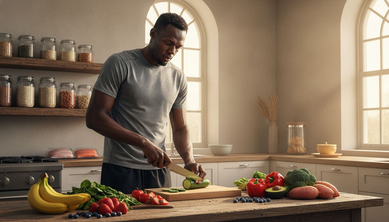 Usain Bolt, the world's fastest man, is seen in a sunlit kitchen, demonstrating his healthy diet post-Beijing. In the foreground, a vibrant array of colorful fruits and vegetables fills a wooden table, showcasing items like bananas, berries, spinach, and avocados. Usain, dressed in a modest athletic shirt and shorts, is expertly slicing fresh ingredients for a nutritious meal, embodying focus and dedication. The middle of the scene includes a rustic shelf lined with jars of whole grains, nuts, and healthy protein options. In the background, large windows let in warm, natural light, illuminating the space and creating an inviting atmosphere. The overall mood is energetic and inspiring, highlighting a balanced diet as key to Usain Bolt's success in athletics.