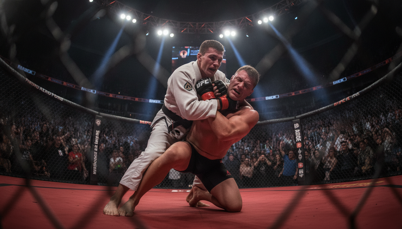 A Brazilian Jiu-Jitsu practitioner skillfully executing a submission hold in a UFC octagon, showcasing the technique's elegance and precision. In the foreground, a focused male fighter wearing a traditional gi, demonstrating determination as he applies a chokehold on a larger opponent in a fighting stance. The middle ground features spectators captured in a moment of anticipation, with a spotlight illuminating the fighters, emphasizing their movements. In the background, the iconic Octagon structure, surrounded by a cheering crowd, creates an electric atmosphere. The lighting casts dynamic shadows, highlighting the intensity of the match. Capture this in a cinematic angle, emphasizing the contrast between the smaller fighter's technique and the larger adversary's strength, embodying the essence of Jiu-Jitsu overcoming brute force. A Brazilian Jiu-Jitsu practitioner skillfully executing a submission hold in a UFC octagon, showcasing the technique's elegance and precision. In the foreground, a focused male fighter wearing a traditional gi, demonstrating determination as he applies a chokehold on a larger opponent in a fighting stance. The middle ground features spectators captured in a moment of anticipation, with a spotlight illuminating the fighters, emphasizing their movements. In the background, the iconic Octagon structure, surrounded by a cheering crowd, creates an electric atmosphere. The lighting casts dynamic shadows, highlighting the intensity of the match. Capture this in a cinematic angle, emphasizing the contrast between the smaller fighter's technique and the larger adversary's strength, embodying the essence of Jiu-Jitsu overcoming brute force.