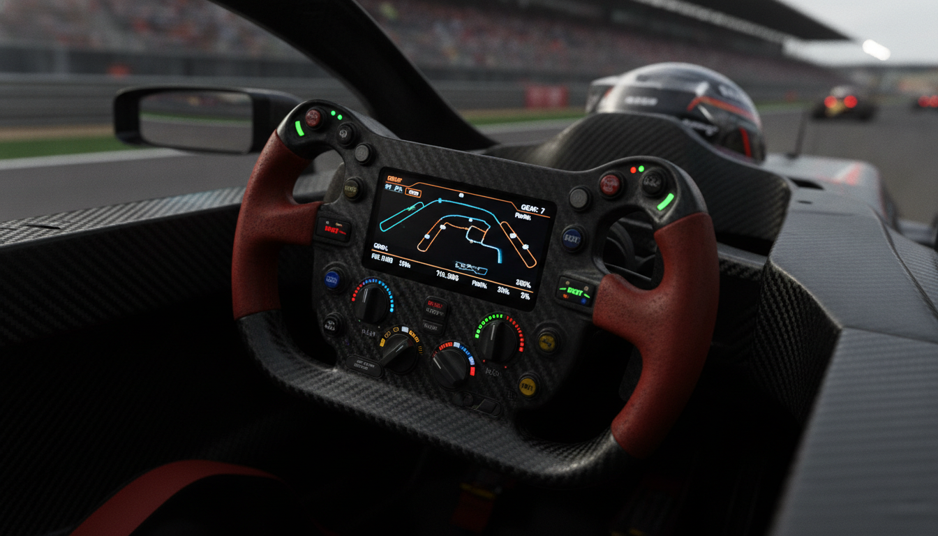 A Formula 1 steering wheel showcased in a hyper-realistic close-up. The steering wheel is intricately designed with various buttons, toggles, and displays that highlight advanced technology, such as LED indicators and a digital dashboard. The foreground should emphasize the textures of the wheel, revealing details like carbon fiber and rubber grips in sharp focus. In the middle ground, elements like a blurred out racing cockpit can be faintly visible. Use dramatic lighting to create a high-tech atmosphere, with highlights reflecting off the buttons, and shadows highlighting the contours of the wheel. The background should be softly blurred, evoking the high-speed environment of a Formula 1 racetrack. The overall mood is one of precision engineering and cutting-edge technology.