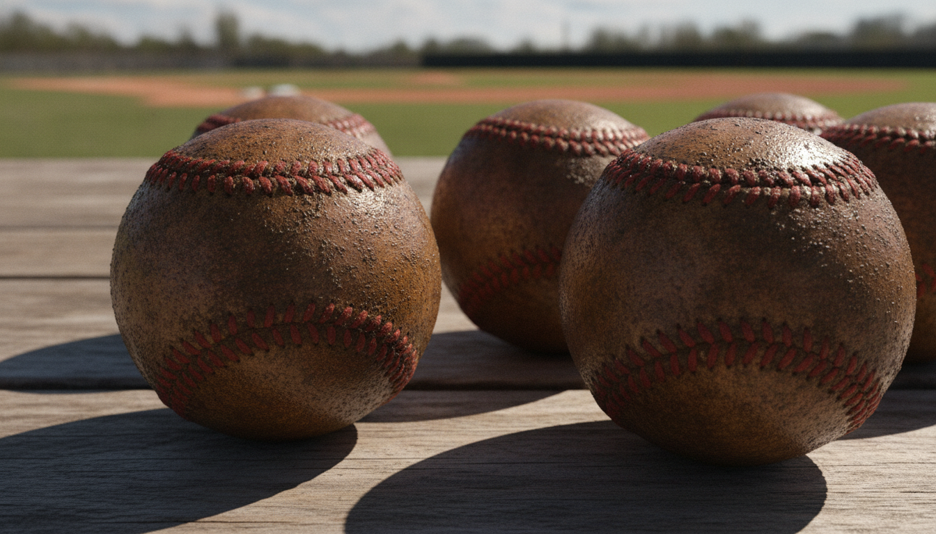 A close-up image of Delaware river mud intricately applied to the seams of several baseballs, arranged aesthetically on a wooden table. In the foreground, the baseballs have a glossy finish, showcasing the dark, rich texture of the magical river mud clinging to the stitches. In the middle ground, soft natural lighting highlights the earthy tones of the mud, creating a warm and inviting atmosphere, while shadows fall softly across the table. The background features a blurred view of a baseball field under a bright blue sky, enhancing the connection to the sport. The overall mood is nostalgic yet vibrant, conveying the essence of the ritual associated with the game of baseball. A close-up image of Delaware river mud intricately applied to the seams of several baseballs, arranged aesthetically on a wooden table. In the foreground, the baseballs have a glossy finish, showcasing the dark, rich texture of the magical river mud clinging to the stitches. In the middle ground, soft natural lighting highlights the earthy tones of the mud, creating a warm and inviting atmosphere, while shadows fall softly across the table. The background features a blurred view of a baseball field under a bright blue sky, enhancing the connection to the sport. The overall mood is nostalgic yet vibrant, conveying the essence of the ritual associated with the game of baseball.