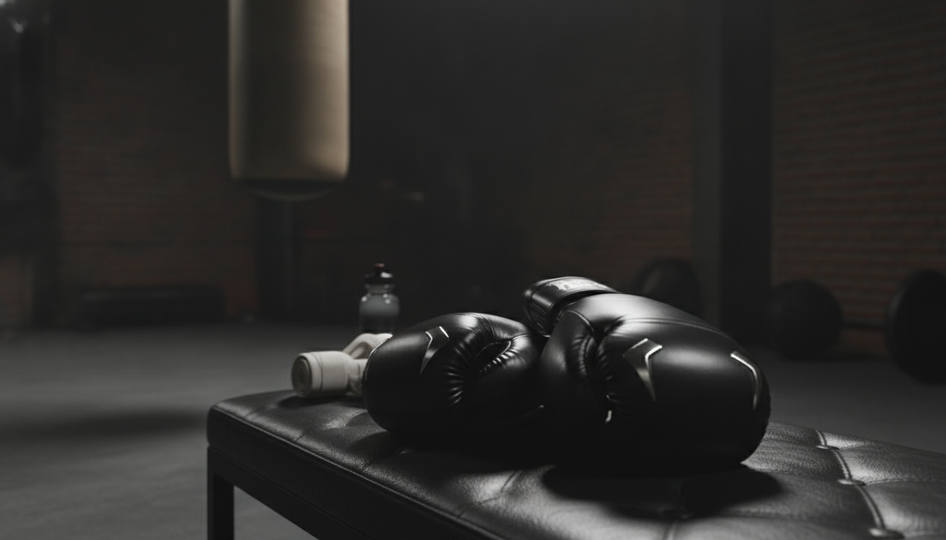A close-up of lethal boxing gloves resting on a stylish black leather bench, emphasizing their design and craftsmanship. The gloves showcase a sleek, aggressive style, made from high-quality black leather with subtle metallic accents that reflect light. In the middle ground, out-of-focus boxing equipment like a heavy bag and a pair of hand wraps create an athletic atmosphere, hinting at the intensity of training. The background features a dimly lit boxing gym with shadows adding depth, creating a gritty yet professional vibe. The image is illuminated by soft, dramatic lighting that highlights the gloves, capturing a sense of power and performance. The overall mood conveys seriousness and dedication to the sport of boxing, evoking respect for both the equipment and the art of boxing itself. A close-up of lethal boxing gloves resting on a stylish black leather bench, emphasizing their design and craftsmanship. The gloves showcase a sleek, aggressive style, made from high-quality black leather with subtle metallic accents that reflect light. In the middle ground, out-of-focus boxing equipment like a heavy bag and a pair of hand wraps create an athletic atmosphere, hinting at the intensity of training. The background features a dimly lit boxing gym with shadows adding depth, creating a gritty yet professional vibe. The image is illuminated by soft, dramatic lighting that highlights the gloves, capturing a sense of power and performance. The overall mood conveys seriousness and dedication to the sport of boxing, evoking respect for both the equipment and the art of boxing itself.