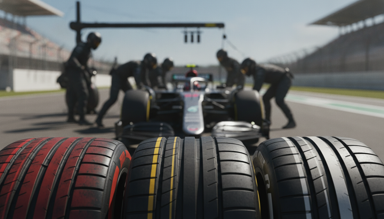 A close-up view of Formula 1 tires, showcasing the different colors representing various compounds and strategies. The scene features three tires prominently displayed in the foreground: a soft tire with a red stripe, a medium tire with a yellow stripe, and a hard tire with a white stripe. The middle ground includes a blurred pit stop environment with mechanics in professional attire working on a sleek Formula 1 car. The background reveals a racetrack under a bright, sunny sky, emphasizing the competitive atmosphere of F1 racing. Soft but focused lighting highlights the textures of the tires, capturing the intricate patterns and details. The mood is dynamic and energetic, reflecting the intensity of motorsport strategy.