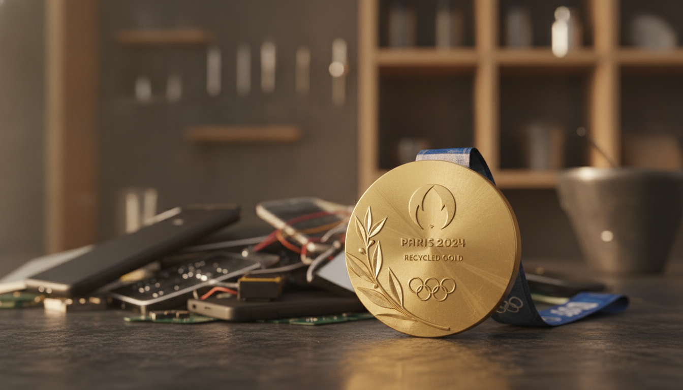 A close-up view of a gleaming Olympic gold medal created from recycled materials, prominently displaying intricate details like engravings and textures. The foreground features a single medal, resting on a smooth surface, reflecting soft, natural light that highlights its shine. In the middle background, blurred silhouettes of old smartphones suggest the recycling process, with hints of electronic components peeking through. The backdrop is a serene workshop environment, with tools and materials artfully arranged. The overall atmosphere conveys innovation and sustainability, with warm lighting creating an inviting and hopeful mood. The image is captured with a shallow depth of field to bring focus to the medal while subtly incorporating elements of recycling.