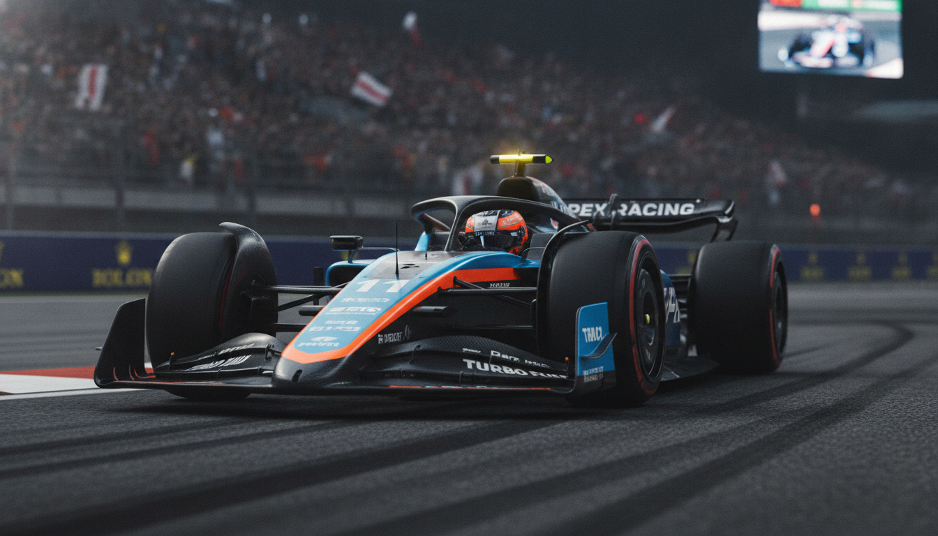 A close-up view of a high-tech racing car featuring the distinctive halo device prominently displayed. The halo is a sleek piece of titanium, shining under the bright track lights, emphasizing its reflective surfaces. In the foreground, blurred tire tracks showcase the intensity of a recent race. The middle ground presents the racing car in action, with bold colors and intricate details of the vehicle's design. The background captures a packed grandstand filled with cheering fans, creating a lively atmosphere. The lighting is dynamic, highlighting the contrast between the car’s modern aesthetics and the traditional motorsport backdrop. The mood is a mix of excitement and tension, underscoring the debate between enhanced safety and visual appeal. A close-up view of a high-tech racing car featuring the distinctive halo device prominently displayed. The halo is a sleek piece of titanium, shining under the bright track lights, emphasizing its reflective surfaces. In the foreground, blurred tire tracks showcase the intensity of a recent race. The middle ground presents the racing car in action, with bold colors and intricate details of the vehicle's design. The background captures a packed grandstand filled with cheering fans, creating a lively atmosphere. The lighting is dynamic, highlighting the contrast between the car’s modern aesthetics and the traditional motorsport backdrop. The mood is a mix of excitement and tension, underscoring the debate between enhanced safety and visual appeal.