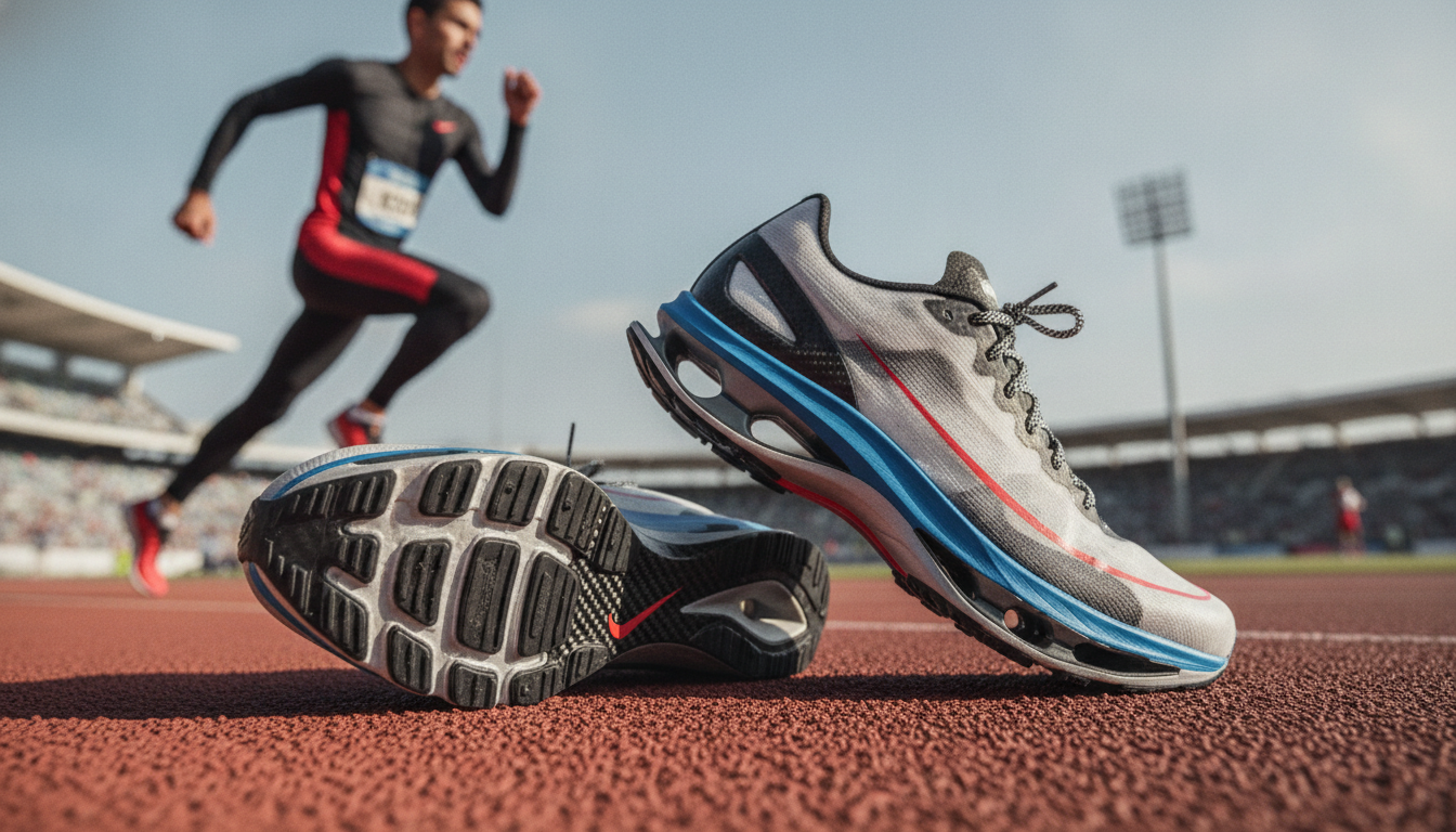 A close-up view of innovative carbon fiber running shoes positioned on a sleek track, showcasing their lightweight design and modern aesthetics. The foreground features the shoes with visible carbon fiber texture, emphasizing the layers and intricate details of the sole and plate. In the middle ground, a blurred athletic runner in professional gear is captured mid-stride, demonstrating a running posture well-suited for carbon plate shoes. The background depicts a race track under bright, natural daylight, emphasizing speed and competition. The mood is dynamic and energetic, embodying the excitement of marathon racing. The composition is shot from a low angle to highlight the shoes' technology, creating a dramatic perspective that draws the viewer into the scene. A close-up view of innovative carbon fiber running shoes positioned on a sleek track, showcasing their lightweight design and modern aesthetics. The foreground features the shoes with visible carbon fiber texture, emphasizing the layers and intricate details of the sole and plate. In the middle ground, a blurred athletic runner in professional gear is captured mid-stride, demonstrating a running posture well-suited for carbon plate shoes. The background depicts a race track under bright, natural daylight, emphasizing speed and competition. The mood is dynamic and energetic, embodying the excitement of marathon racing. The composition is shot from a low angle to highlight the shoes' technology, creating a dramatic perspective that draws the viewer into the scene.