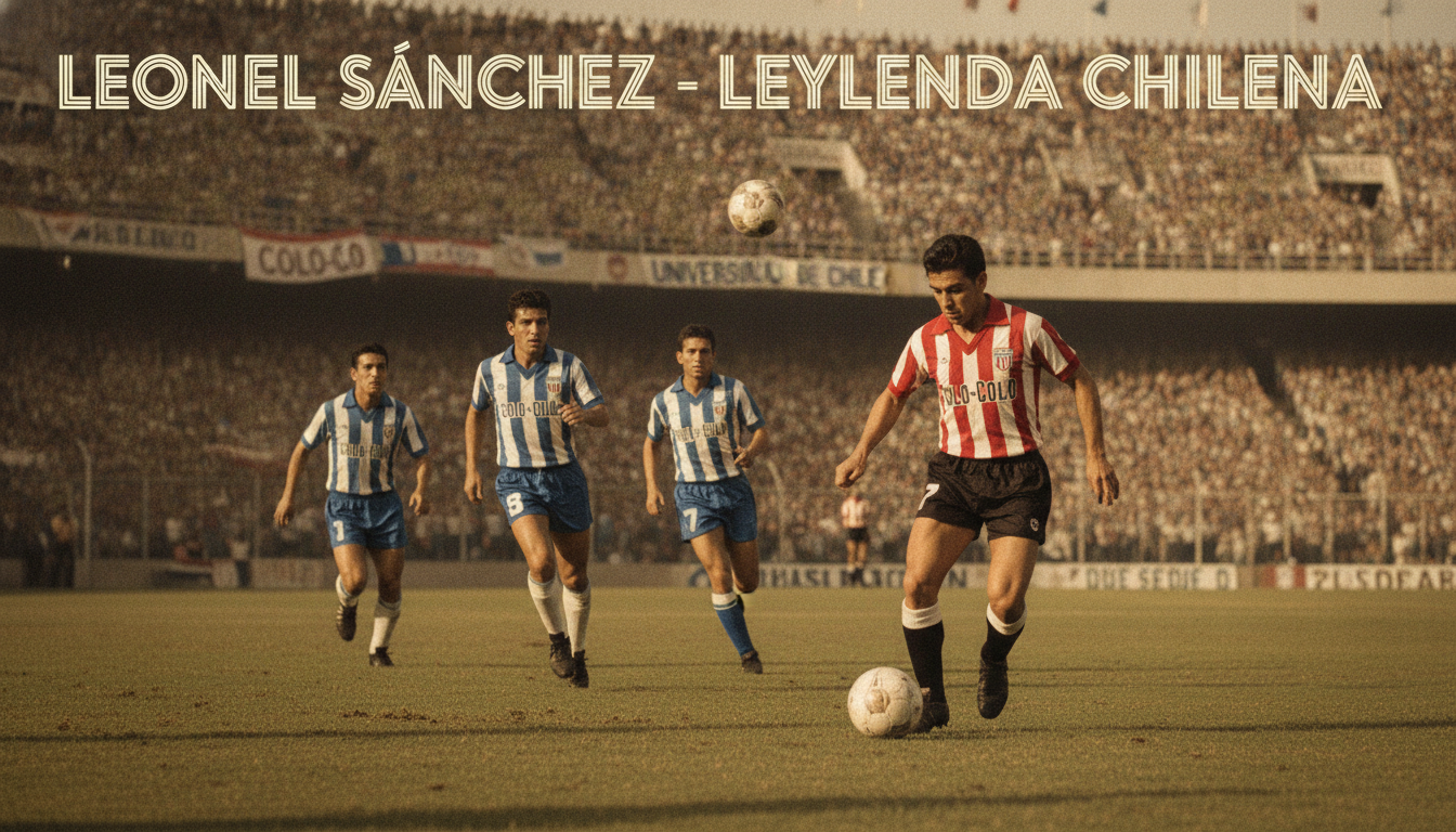 A compelling depiction of Leonel Sánchez in the context of Chilean football, showcasing his career highlights with emphasis on his time in the club "Colo-Colo" and the legendary "Ballet Azul." In the foreground, capture a vintage-style football scene with Leonel Sánchez in action, elegantly dribbling a football wearing classic athletic gear. The middle ground should depict teammates in retro football attire, dynamically positioned as they collaborate on the pitch, exuding teamwork and determination. In the background, include a stylized representation of a packed stadium under warm afternoon lighting, radiating excitement and nostalgia. Use a wide-angle lens to highlight the action, with a slightly blurred crowd to enhance focus on Sánchez. The atmosphere should feel vibrant and historic, invoking a sense of pride in Chilean football legacy. A compelling depiction of Leonel Sánchez in the context of Chilean football, showcasing his career highlights with emphasis on his time in the club "Colo-Colo" and the legendary "Ballet Azul." In the foreground, capture a vintage-style football scene with Leonel Sánchez in action, elegantly dribbling a football wearing classic athletic gear. The middle ground should depict teammates in retro football attire, dynamically positioned as they collaborate on the pitch, exuding teamwork and determination. In the background, include a stylized representation of a packed stadium under warm afternoon lighting, radiating excitement and nostalgia. Use a wide-angle lens to highlight the action, with a slightly blurred crowd to enhance focus on Sánchez. The atmosphere should feel vibrant and historic, invoking a sense of pride in Chilean football legacy.
