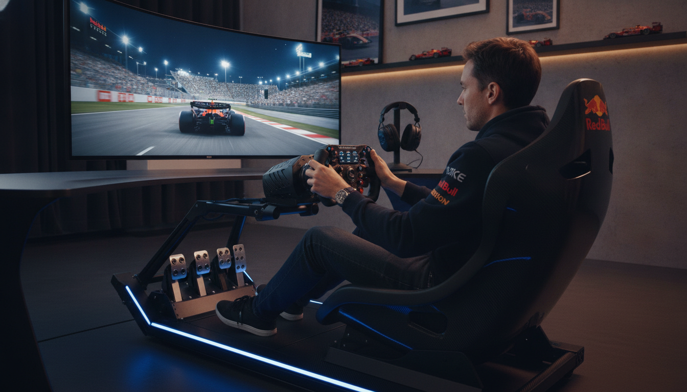 A detailed view of a Red Bull Racing driving simulator setup, showcasing a sleek racing seat with high-tech pedals and a realistic steering wheel. In the foreground, a professional-looking driver in modest casual clothing is focused intently on the advanced simulation screen displaying a dynamic Formula 1 race scene, complete with vibrant track details and a cheering crowd in the background, creating an immersive atmosphere. The middle layer captures high-tech racing gear, including headset and gloves, with ambient LED lighting reflecting the Red Bull blue and red color scheme. The background features a modern, stylish room with racing memorabilia on the walls and soft, focused lighting to enhance the mood of anticipation and concentration, evoking the excitement and intensity of real racing. A detailed view of a Red Bull Racing driving simulator setup, showcasing a sleek racing seat with high-tech pedals and a realistic steering wheel. In the foreground, a professional-looking driver in modest casual clothing is focused intently on the advanced simulation screen displaying a dynamic Formula 1 race scene, complete with vibrant track details and a cheering crowd in the background, creating an immersive atmosphere. The middle layer captures high-tech racing gear, including headset and gloves, with ambient LED lighting reflecting the Red Bull blue and red color scheme. The background features a modern, stylish room with racing memorabilia on the walls and soft, focused lighting to enhance the mood of anticipation and concentration, evoking the excitement and intensity of real racing.