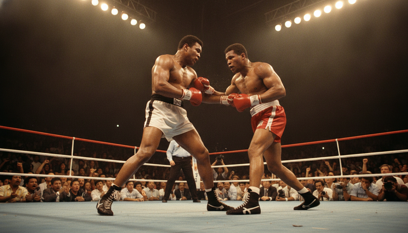 A dramatic and intense scene depicting a boxing ring during the iconic "Thrilla in Manila." In the foreground, two professional boxers, Muhammad Ali and Joe Frazier, are locked in a fierce battle, showcasing their powerful physiques and focused expressions. They are wearing classic boxing shorts and gloves, with sweat glistening on their brows. In the middle ground, a captivated audience is visible, highlighting the tension and excitement of the match. The background features bright overhead lights casting dramatic shadows and emphasizing the intensity of the fight. The atmosphere is charged with adrenaline, evoking a sense of struggle, strategy, and determination in the heat of competition. The perspective is slightly angled to create depth, immersing the viewer in this historic moment.
