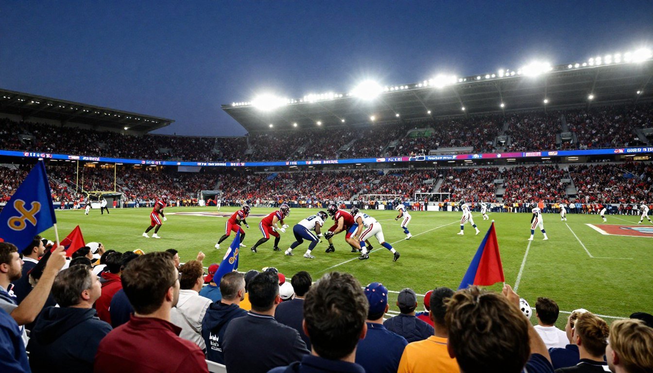 A dramatic football stadium scene showcasing the intensity of a decisive university classic match. In the foreground, an enthusiastic crowd dressed in university colors, waving flags and banners, faces the action on the field. In the middle, two teams in vibrant uniforms are locked in a fierce battle for the ball, displaying determination and skill. The players are well-groomed and modestly dressed, reflecting professionalism. In the background, a packed stadium under dramatic floodlights, with the sky transitioning from dusk to night, creating an electrifying atmosphere. The lens captures the excitement from a slightly elevated angle, emphasizing both the players' intensity and the crowd's passion, while bright stadium lights create a cinematic effect that highlights the moment. A dramatic football stadium scene showcasing the intensity of a decisive university classic match. In the foreground, an enthusiastic crowd dressed in university colors, waving flags and banners, faces the action on the field. In the middle, two teams in vibrant uniforms are locked in a fierce battle for the ball, displaying determination and skill. The players are well-groomed and modestly dressed, reflecting professionalism. In the background, a packed stadium under dramatic floodlights, with the sky transitioning from dusk to night, creating an electrifying atmosphere. The lens captures the excitement from a slightly elevated angle, emphasizing both the players' intensity and the crowd's passion, while bright stadium lights create a cinematic effect that highlights the moment.