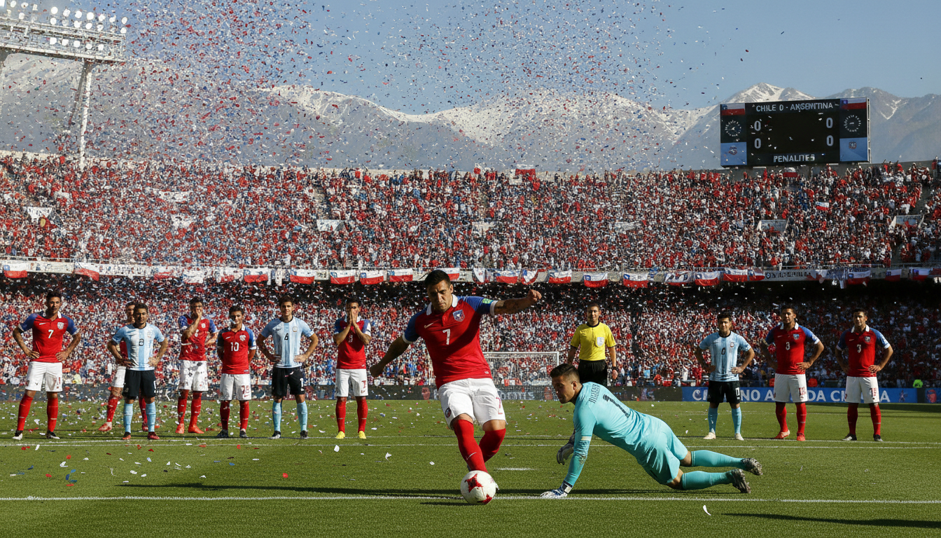A dramatic scene capturing the essence of the 2015 Copa América in Chile, featuring a vibrant stadium filled with passionate fans waving colorful flags and wearing national team jerseys. In the foreground, a close-up of Alexis Sánchez executing a crucial penalty kick against the backdrop of a tense, electric atmosphere. The middle ground shows teammates and opposing players in anticipation, while confetti rains down from the stands, adding to the celebration and intensity. The background showcases the iconic Chilean landscape, highlighting the Andes mountains under a clear blue sky during daytime, with bright, natural lighting illuminating the action. The mood is exhilarating, embodying the spirit of triumph and historic achievement as Chile makes its mark in football history.