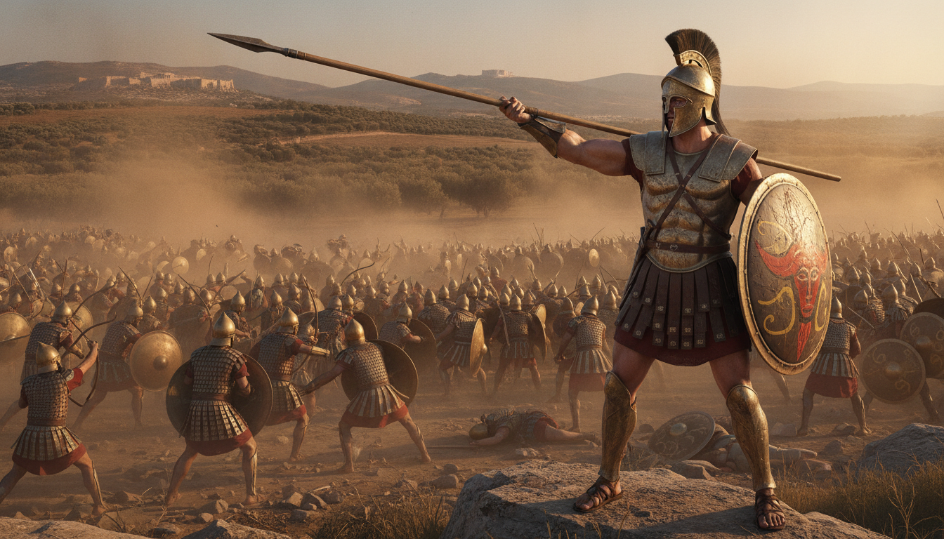 A dramatic scene depicting the Battle of Marathon, focusing on Greek warriors in detailed, historically accurate armor, showcasing their determination and bravery. In the foreground, a fierce Greek hoplite strikes a pose, spear raised, embodying the spirit of victory. In the middle ground, additional soldiers clash with Persian forces, emphasizing the intensity of battle, while a vast landscape of rugged hills and the distant Athenian city can be seen. The background features a bright, clear sky, symbolizing hope and triumph. Utilize warm, golden lighting to evoke a sense of heroism and majesty. The atmosphere should convey a mix of tension and valor, capturing the historical significance of Marathon in ancient Greece. A dramatic scene depicting the Battle of Marathon, focusing on Greek warriors in detailed, historically accurate armor, showcasing their determination and bravery. In the foreground, a fierce Greek hoplite strikes a pose, spear raised, embodying the spirit of victory. In the middle ground, additional soldiers clash with Persian forces, emphasizing the intensity of battle, while a vast landscape of rugged hills and the distant Athenian city can be seen. The background features a bright, clear sky, symbolizing hope and triumph. Utilize warm, golden lighting to evoke a sense of heroism and majesty. The atmosphere should convey a mix of tension and valor, capturing the historical significance of Marathon in ancient Greece.