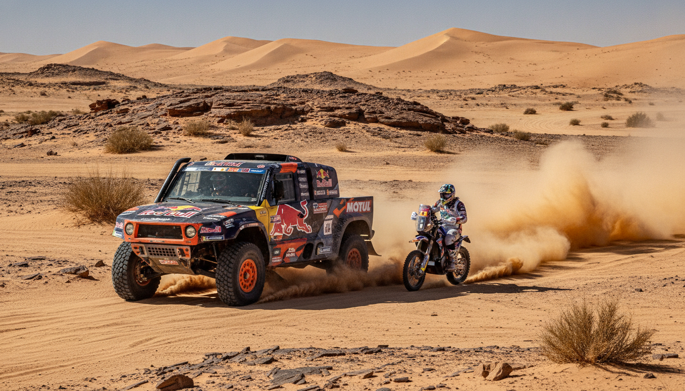 A dramatic scene showcasing monstrous rally vehicles navigating through the harsh terrain of the Dakar desert. In the foreground, a bright, aggressive off-road truck kicks up clouds of golden sand, showcasing its massive tires and rugged body adorned with sponsor decals. To the right, a sleek, aerodynamic motorcycle speeds by, leaving a trail of dust. The middle ground features a grueling stretch of desert landscape, dotted with rocky outcrops and sparse vegetation under an intense midday sun that casts sharp shadows. In the background, distant sand dunes rise against a clear blue sky. The atmosphere conveys excitement, challenge, and the relentless spirit of competition inherent to the Rally Dakar, with dynamic lighting emphasizing the harsh conditions faced by racers. A dramatic scene showcasing monstrous rally vehicles navigating through the harsh terrain of the Dakar desert. In the foreground, a bright, aggressive off-road truck kicks up clouds of golden sand, showcasing its massive tires and rugged body adorned with sponsor decals. To the right, a sleek, aerodynamic motorcycle speeds by, leaving a trail of dust. The middle ground features a grueling stretch of desert landscape, dotted with rocky outcrops and sparse vegetation under an intense midday sun that casts sharp shadows. In the background, distant sand dunes rise against a clear blue sky. The atmosphere conveys excitement, challenge, and the relentless spirit of competition inherent to the Rally Dakar, with dynamic lighting emphasizing the harsh conditions faced by racers.