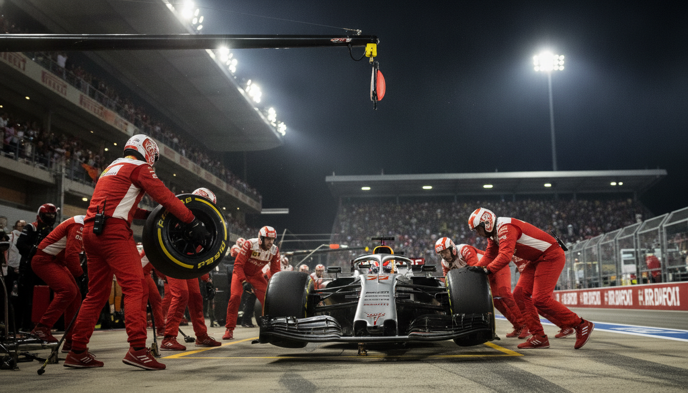 A dynamic Formula 1 pit stop scene showcasing the intricate strategy and teamwork involved in changing tires. In the foreground, a team of 20 mechanics in professional racing attire is intensely focused, executing coordinated movements, with one mechanic rapidly lifting a tire and another tightening bolts. The middle ground features a sleek Formula 1 car elevated on a hydraulic jack, glistening under bright floodlights, emphasizing the urgency and precision of the moment. The background captures the bustling atmosphere of a race day, with vibrant team colors, cheering fans, and the blurred outline of a track lit by bright stadium lights. The overall mood is electric and tense, conveying the art of gaining time in a split-second decision, shot from a low angle to highlight the action.