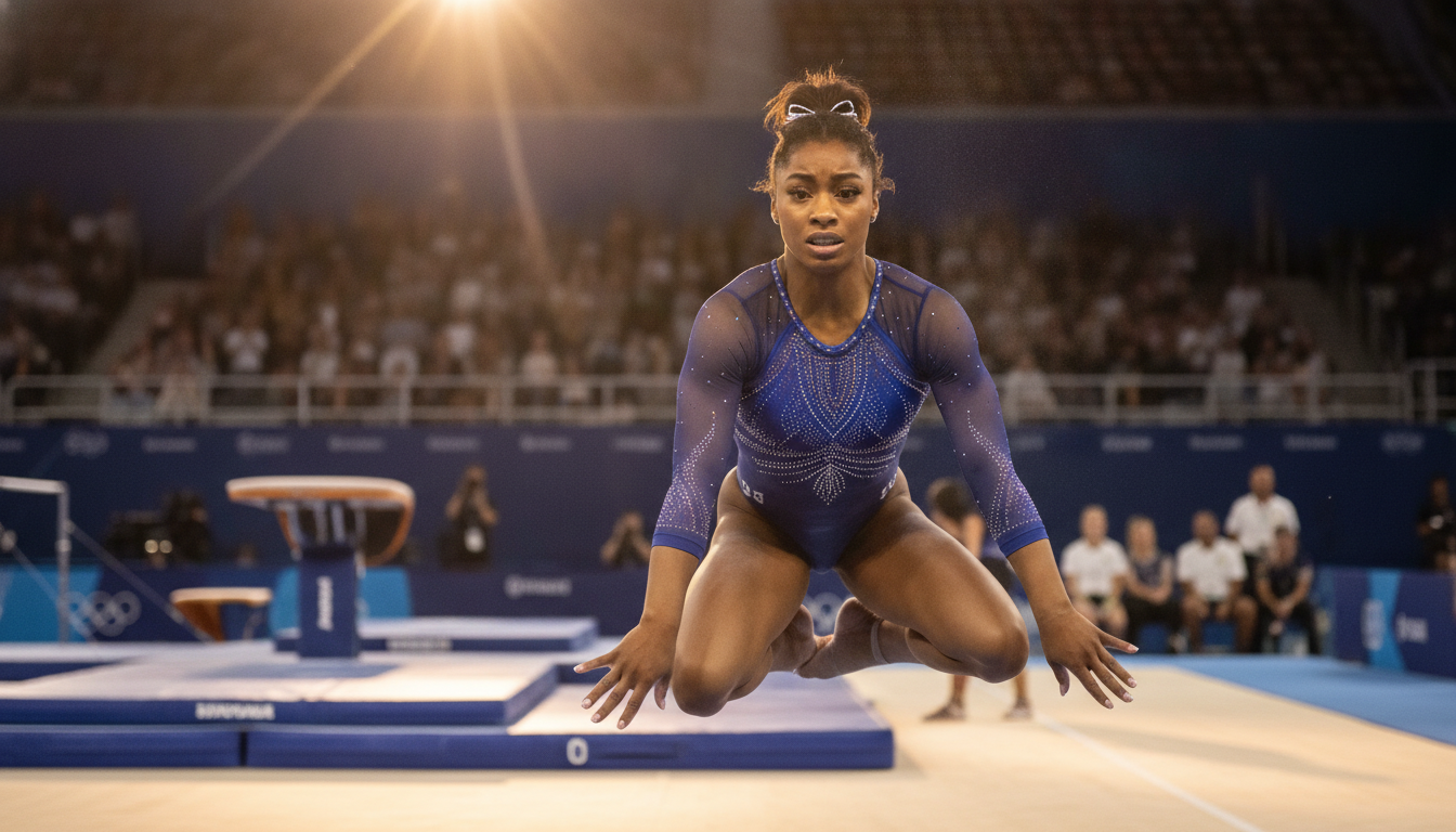 A dynamic and emotional scene capturing Simone Biles in a gymnastics setting, illustrating her struggle with the "twisties." In the foreground, Simone is depicted mid-air, her expression a mixture of determination and confusion, as she attempts a twisting maneuver, her body in a graceful but precarious position. Her attire is a professional, modest competition leotard, showcasing her athleticism. In the middle ground, a soft-focus gymnastics mat and training equipment create a realistic environment. The background features blurred spectators and gym lights that cast a warm, dramatic glow. The overall mood is tense yet empowering, emphasizing her battle with the mental block, surrounded by an atmosphere of support and focus. The angle is slightly low, highlighting the height of her jump and the intensity of the moment. A dynamic and emotional scene capturing Simone Biles in a gymnastics setting, illustrating her struggle with the "twisties." In the foreground, Simone is depicted mid-air, her expression a mixture of determination and confusion, as she attempts a twisting maneuver, her body in a graceful but precarious position. Her attire is a professional, modest competition leotard, showcasing her athleticism. In the middle ground, a soft-focus gymnastics mat and training equipment create a realistic environment. The background features blurred spectators and gym lights that cast a warm, dramatic glow. The overall mood is tense yet empowering, emphasizing her battle with the mental block, surrounded by an atmosphere of support and focus. The angle is slightly low, highlighting the height of her jump and the intensity of the moment.