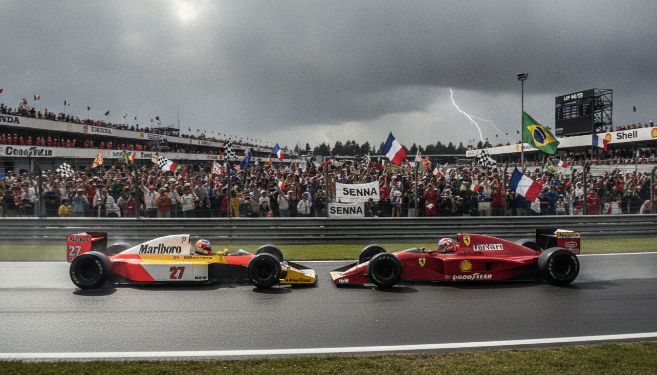 A dynamic and intense scene depicting the fierce rivalry between Ayrton Senna and Alain Prost in Formula 1 racing, capturing a key moment from their competition. In the foreground, two racing cars—Senna's bright yellow McLaren and Prost's deep red Ferrari—are fiercely battling for position on a racetrack, with an emphasis on their sleek designs and vibrant colors. The middle ground features a cheering crowd of passionate fans, waving flags, creating a sense of urgency and excitement. The background includes a blurred view of a dramatic racetrack lined with pit crews and team banners under a cloudy sky, reflecting the tension of the era. Use a wide-angle lens to enhance the perspective and incorporate vivid lighting for a dynamic atmosphere, emphasizing the rivalry's intensity.