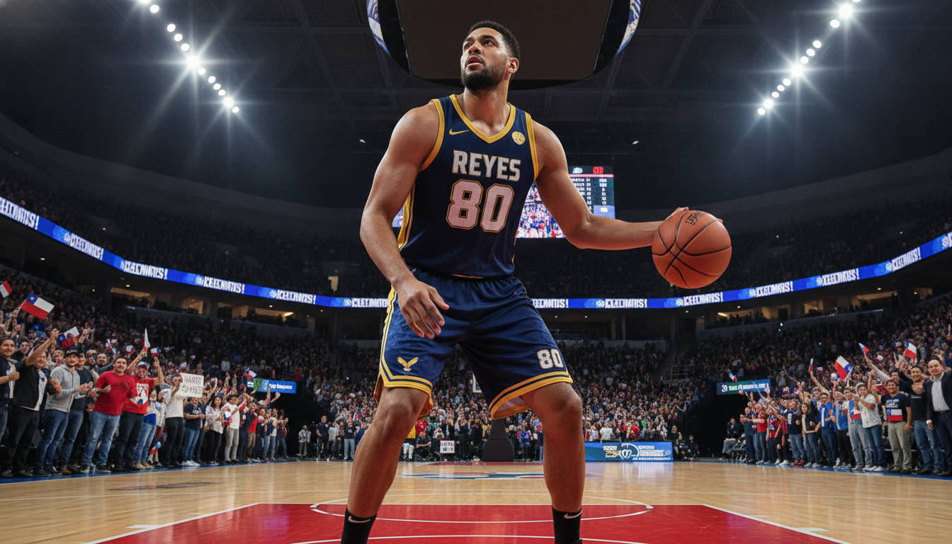 A dynamic basketball scene featuring Sammis Reyes, a tall and athletic player with a focused expression, dribbling a basketball on a vibrant court. In the foreground, he wears a stylish basketball uniform, complete with a jersey and shorts, showcasing his athletic build. The middle ground showcases a cheering crowd of diverse fans, creating an energetic atmosphere. The background features a modern arena, illuminated by bright overhead lights that reflect off the polished wooden floor, emphasizing the intensity of the game. The angle captures a low perspective, enhancing the action as Sammis prepares for a jump shot. The overall mood is one of determination and ambition, symbolizing his journey from basketball to the NFL. A dynamic basketball scene featuring Sammis Reyes, a tall and athletic player with a focused expression, dribbling a basketball on a vibrant court. In the foreground, he wears a stylish basketball uniform, complete with a jersey and shorts, showcasing his athletic build. The middle ground showcases a cheering crowd of diverse fans, creating an energetic atmosphere. The background features a modern arena, illuminated by bright overhead lights that reflect off the polished wooden floor, emphasizing the intensity of the game. The angle captures a low perspective, enhancing the action as Sammis prepares for a jump shot. The overall mood is one of determination and ambition, symbolizing his journey from basketball to the NFL.