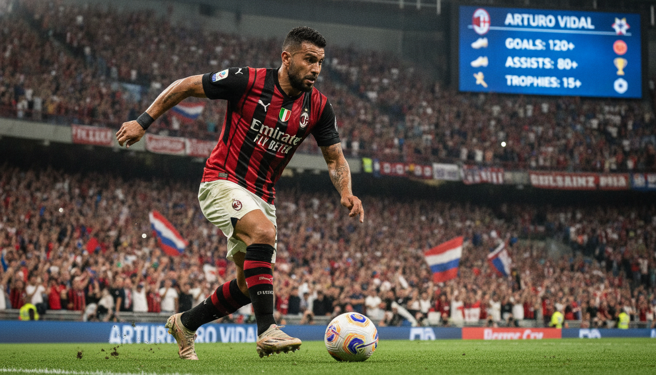 A dynamic composition showcasing Arturo Vidal in a football match setting, emphasizing his powerful presence on the field. In the foreground, depict Vidal in an action pose, wearing a professional football kit, displaying determination and intensity. His muscles should reflect the strength and athleticism he is known for. The middle ground features a vibrant stadium filled with cheering fans, lending an atmosphere of excitement. In the background, a large scoreboard gleams with impressive statistics illustrating his achievements in European leagues, such as goals, assists, and trophies. The lighting is bright, focusing on Vidal, highlighting the energy of the moment. The angle should be slightly low to amplify his stature, creating a sense of grandeur and admiration. The overall mood is triumphant and motivational, capturing the essence of his impact in competitive leagues. A dynamic composition showcasing Arturo Vidal in a football match setting, emphasizing his powerful presence on the field. In the foreground, depict Vidal in an action pose, wearing a professional football kit, displaying determination and intensity. His muscles should reflect the strength and athleticism he is known for. The middle ground features a vibrant stadium filled with cheering fans, lending an atmosphere of excitement. In the background, a large scoreboard gleams with impressive statistics illustrating his achievements in European leagues, such as goals, assists, and trophies. The lighting is bright, focusing on Vidal, highlighting the energy of the moment. The angle should be slightly low to amplify his stature, creating a sense of grandeur and admiration. The overall mood is triumphant and motivational, capturing the essence of his impact in competitive leagues.
